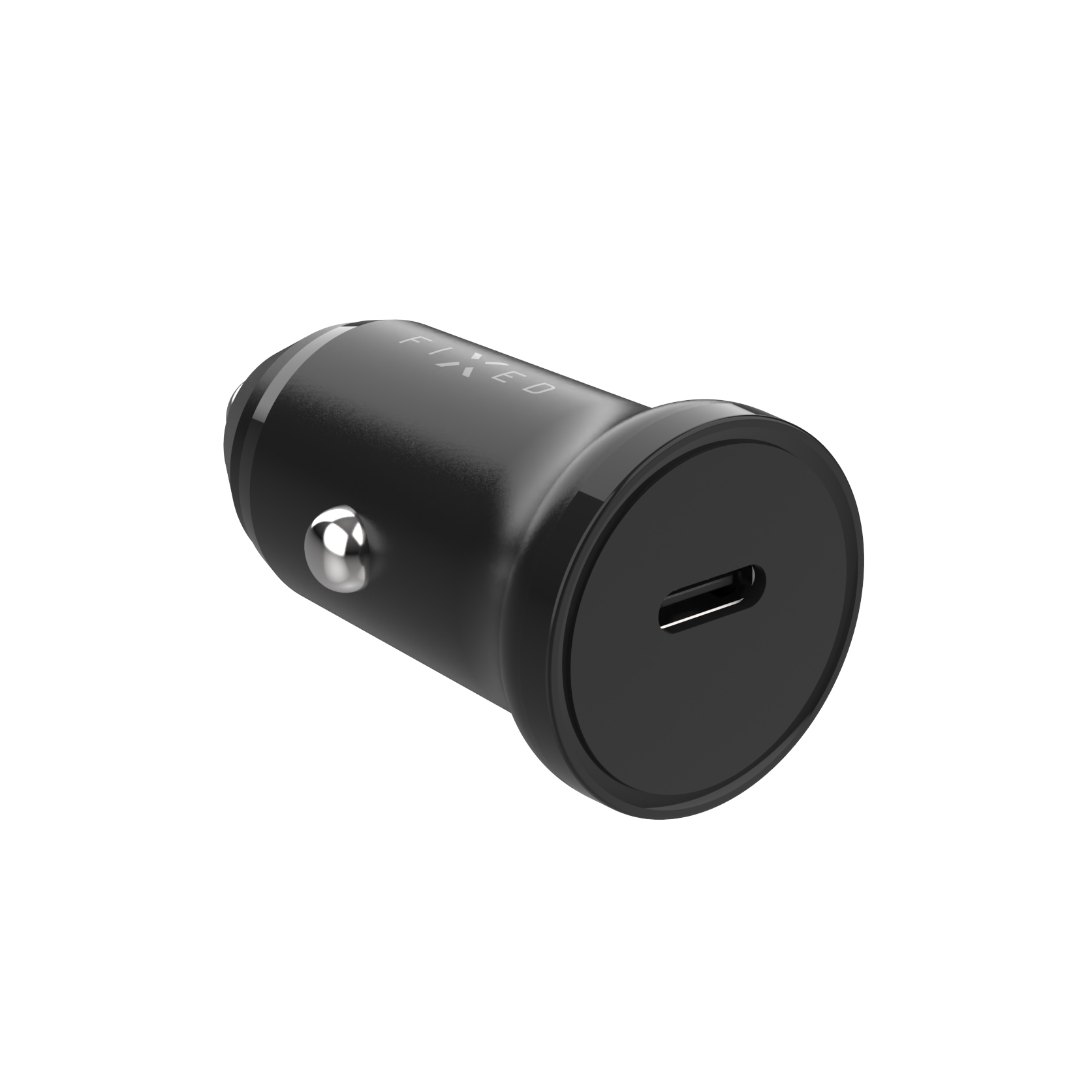 Schwarzes Autoladegerät mit USB-C-Anschluss und silbernem Logo auf weißem Hintergrund.