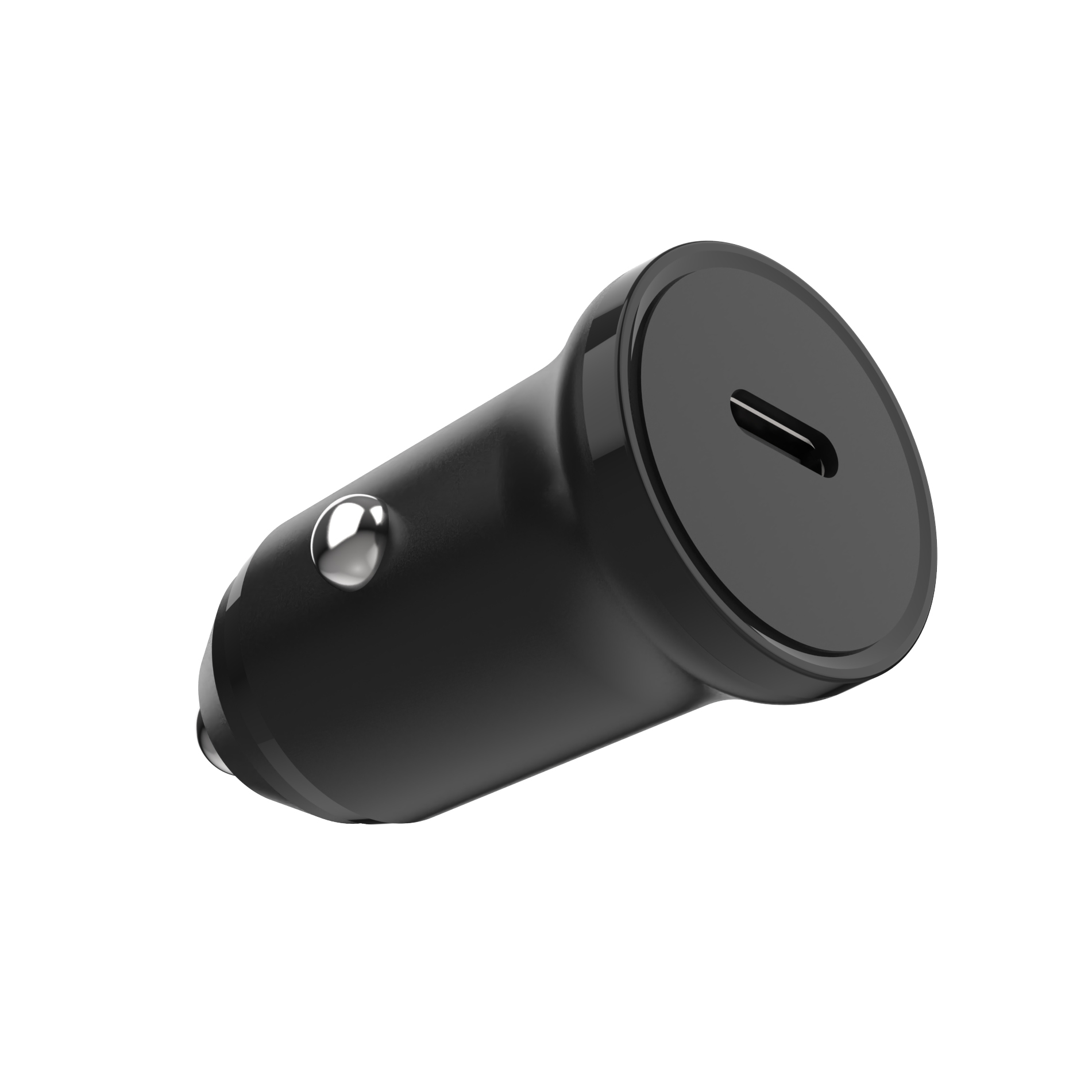 Ein kompakter, schwarzer Auto-USB-C-Ladegerät mit einem Silberkontakt und weißem Hintergrund.