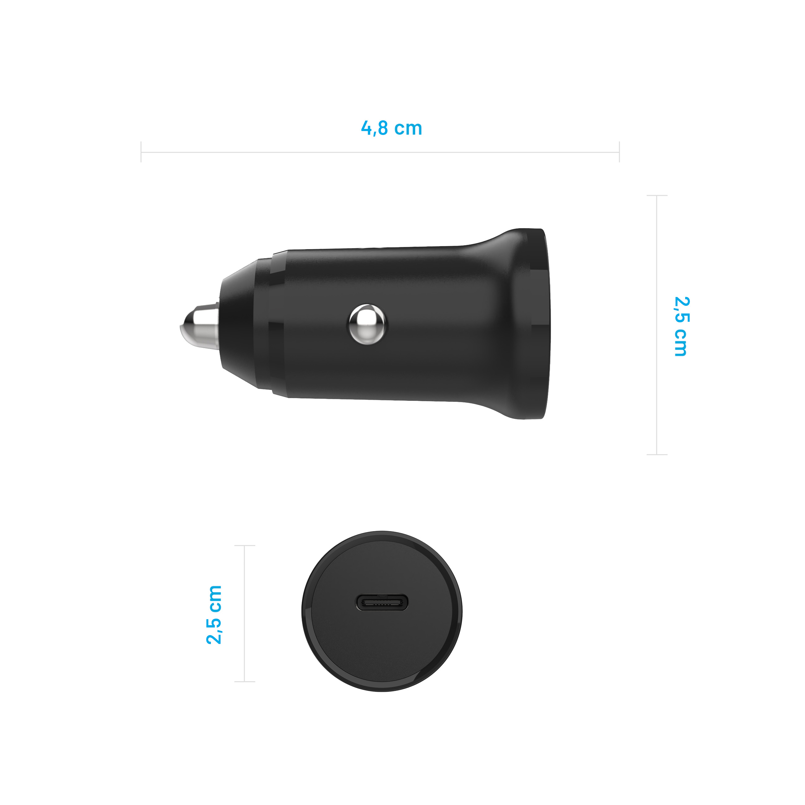 Schwarzes USB-C-Autoladegerät mit Maßen von 4,8 x 2,5 cm in zwei Ansichten.