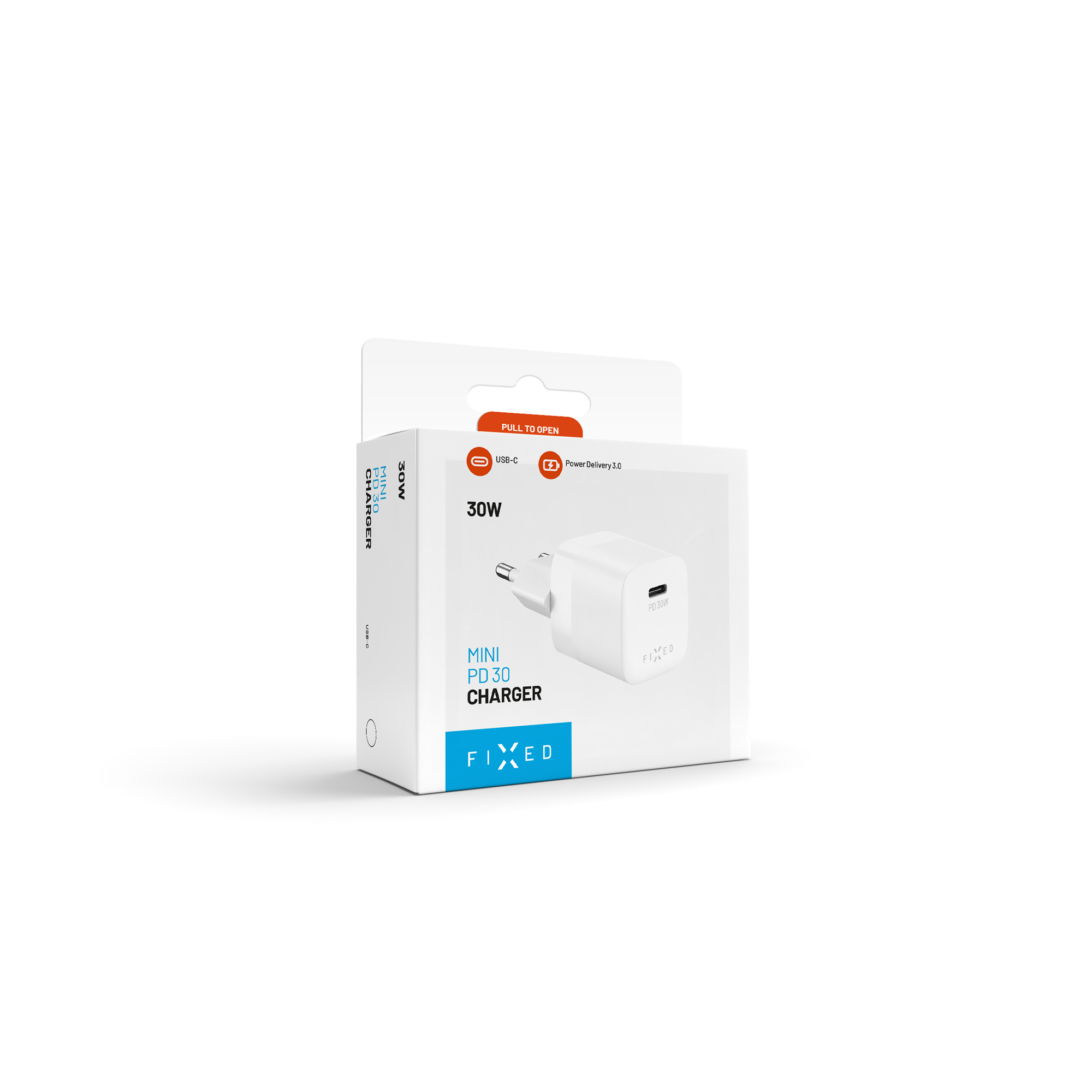 Weiß-blaue Produktverpackung für ein Fixed Mini PD 30 Ladegerät mit USB-C-Anschluss, vor weißem Hintergrund.