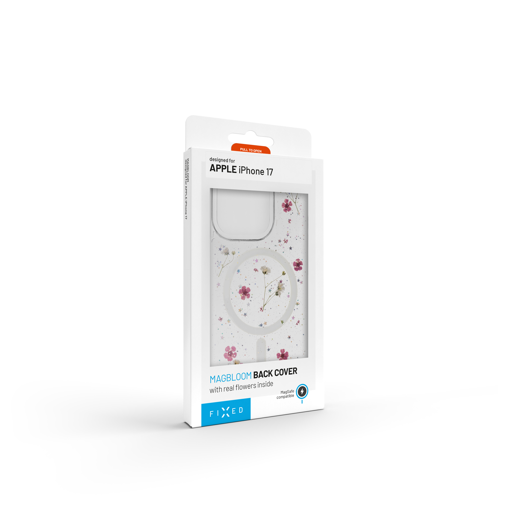 Verpackung einer FIXED Magbloom Rückabdeckung für Apple iPhone 17 mit echten Blumen und MagSafe-Kompatibilität.