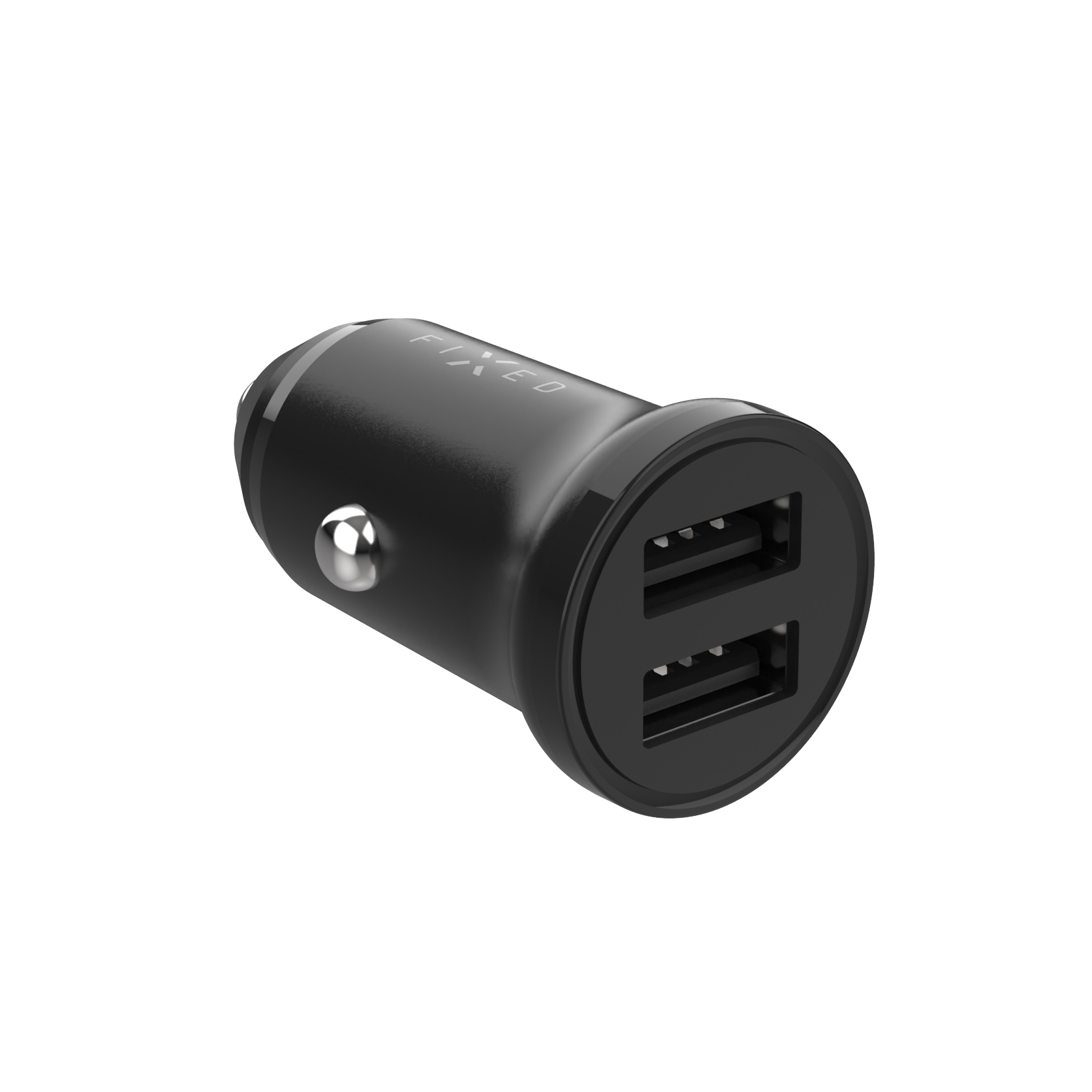 Ein schwarzes USB-Autoladegerät mit zwei Anschlüssen und der Aufschrift FIXED, vor weißem Hintergrund.