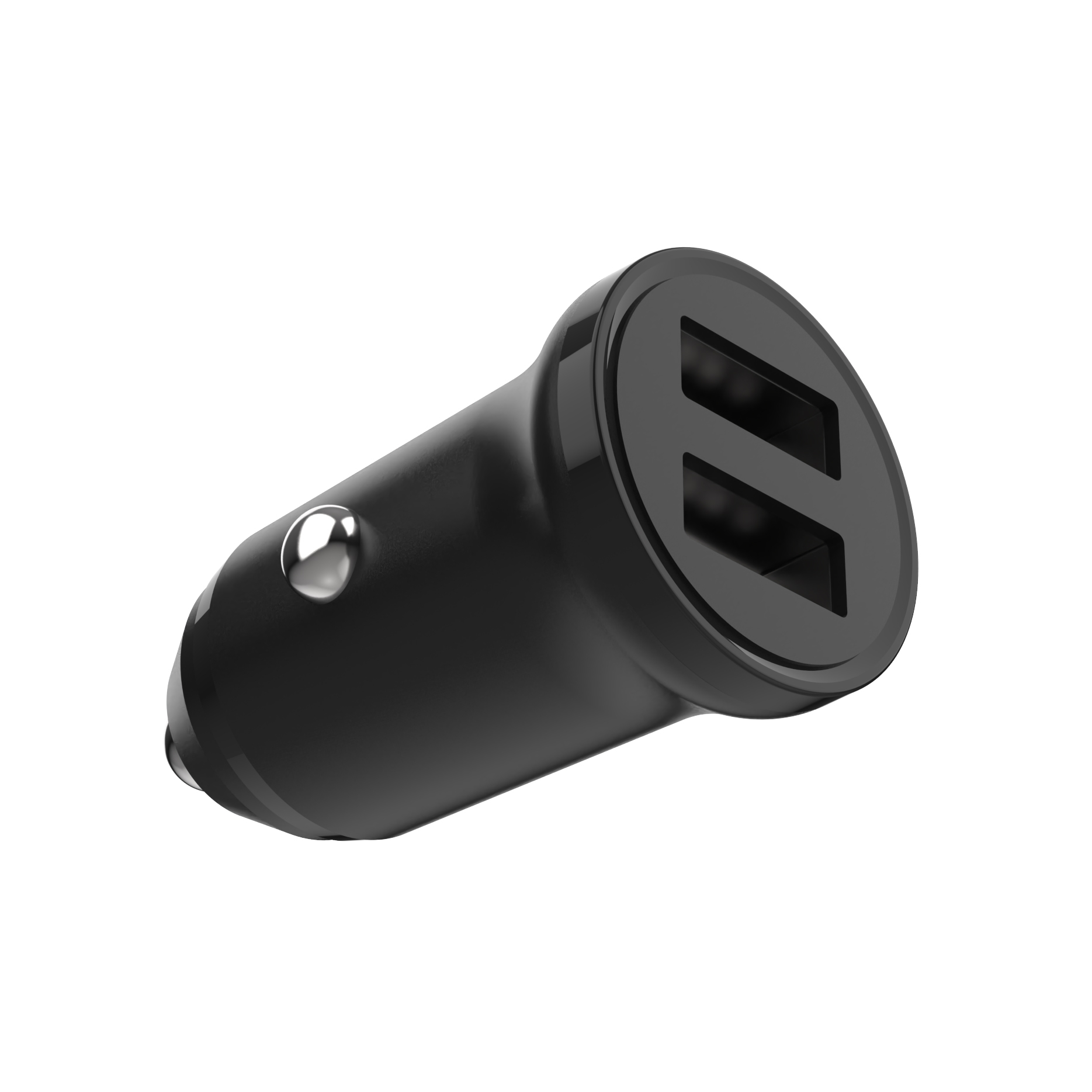 Schwarzes Auto-Ladegerät mit zwei USB-Anschlüssen auf weißem Hintergrund.
