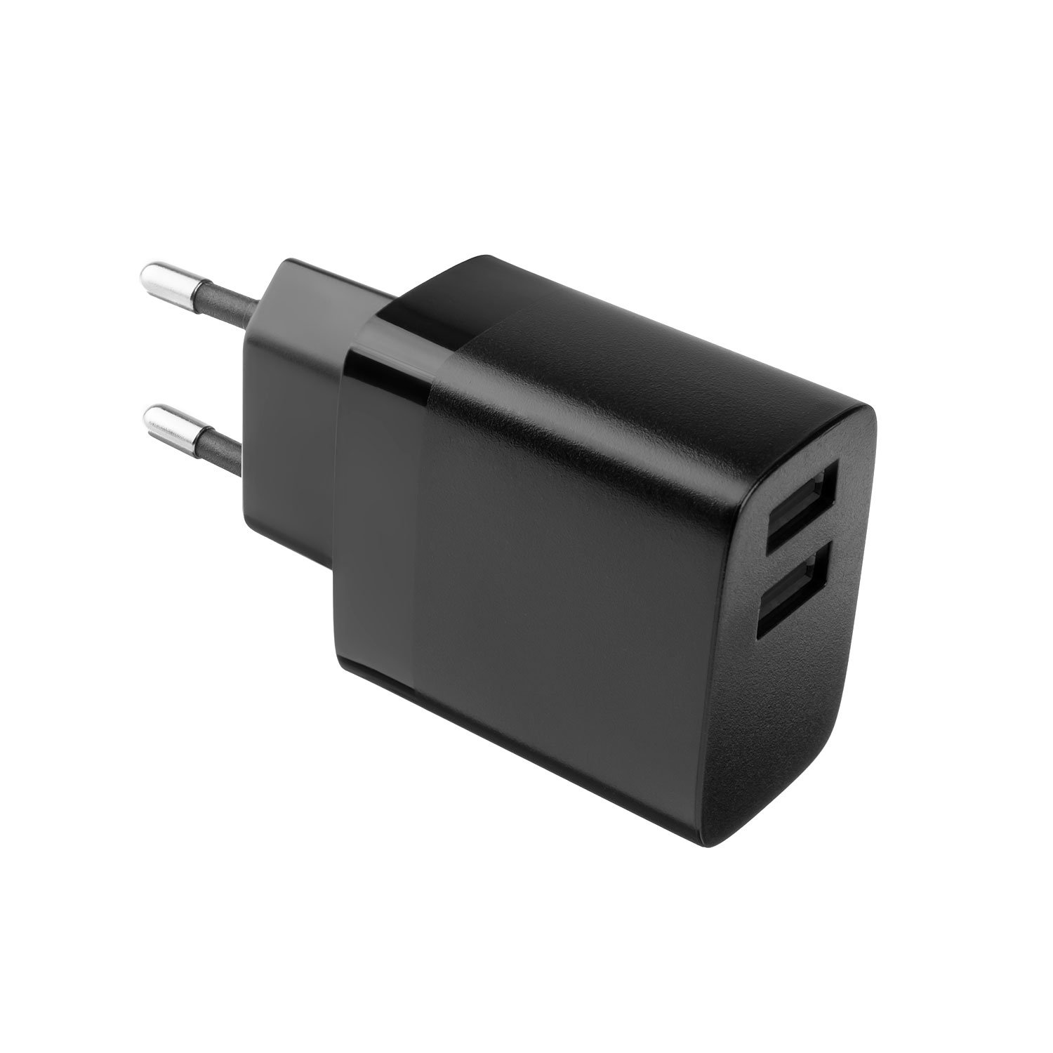Ein schwarzer USB-Wandlader mit zwei Anschlüssen auf einer weißen Oberfläche.
