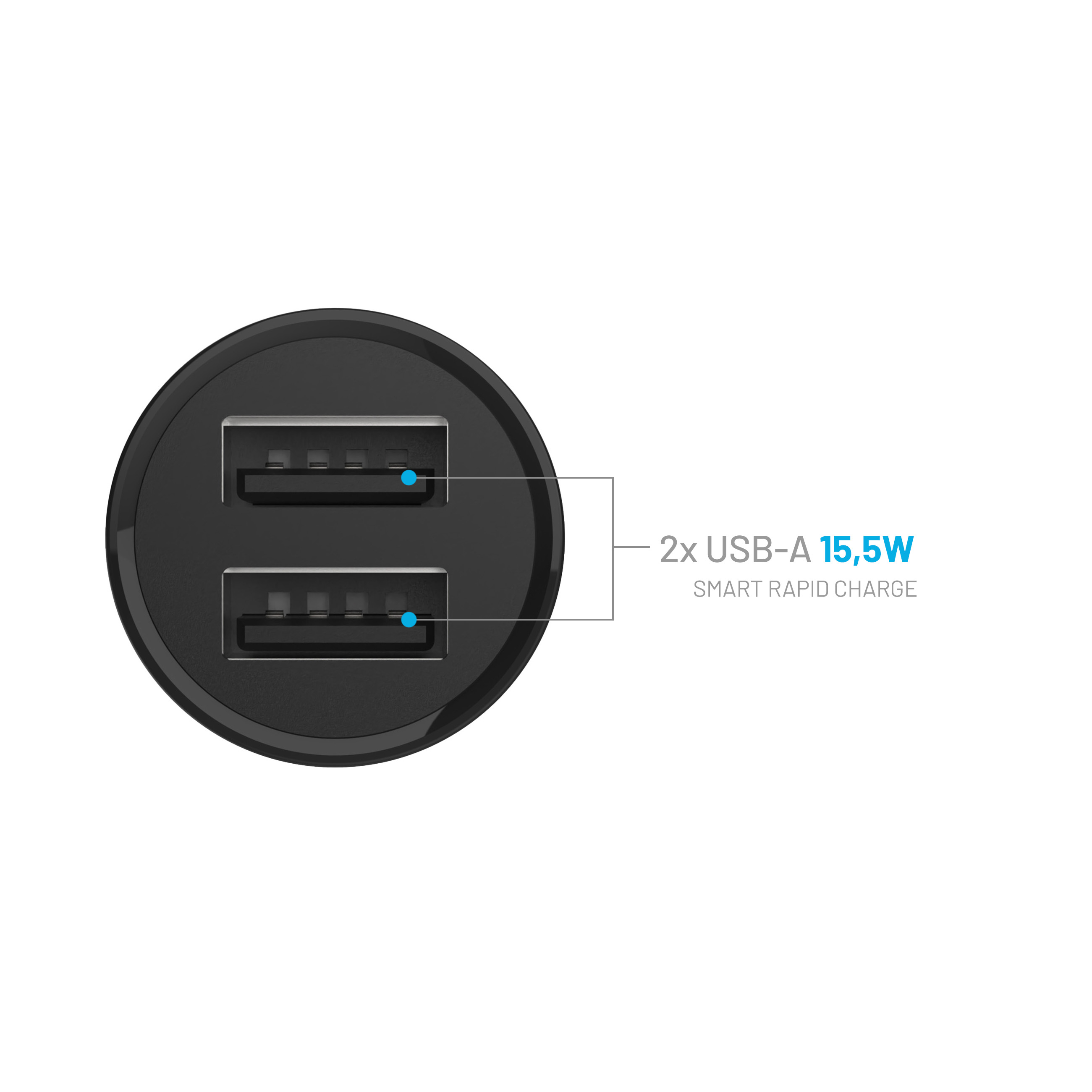 Schwarzer USB-Autoladeadapter mit zwei USB-A-Anschlüssen und 15,5W Leistung.