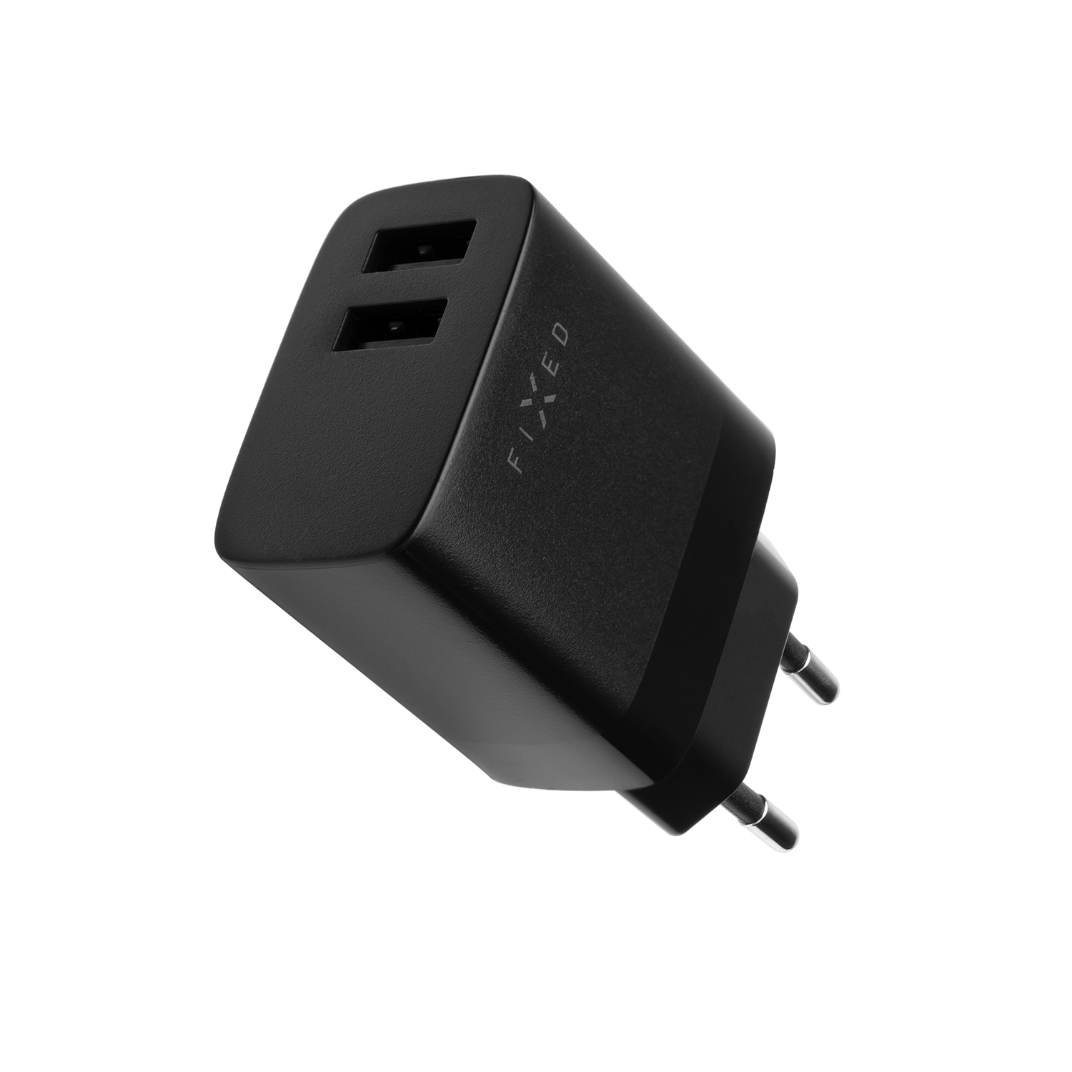 Ein schwarzes USB-Wandladegerät mit zwei Anschlüssen und der Aufschrift FIXED auf weißem Hintergrund.