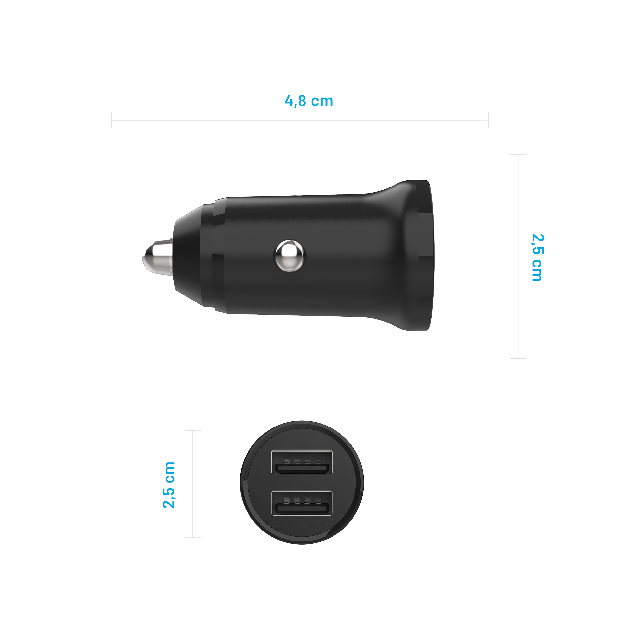 Schwarzes USB-Kfz-Ladegerät mit Maßangaben in Zentimetern für Länge und Breite.
