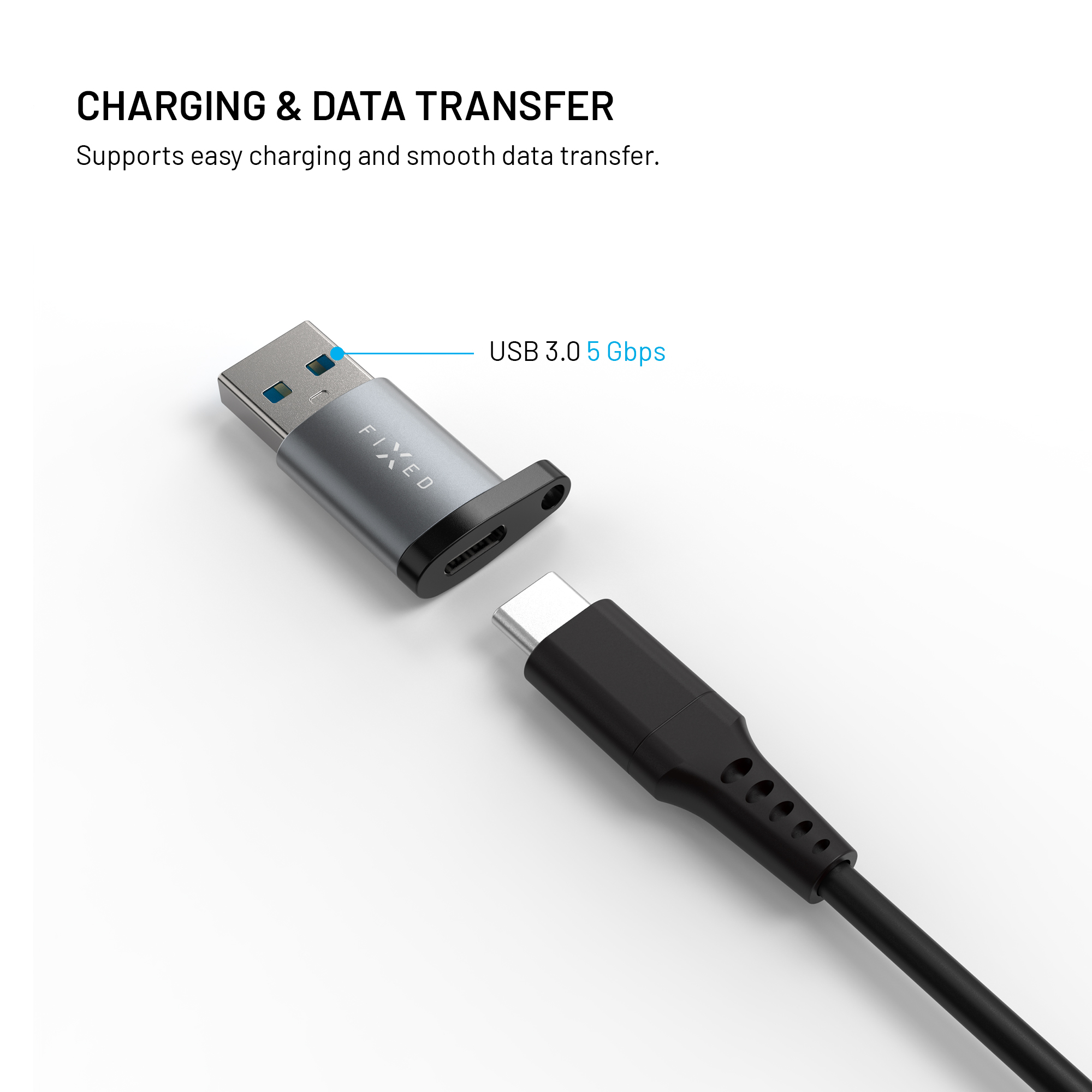 Ein USB-A-auf-USB-C-Adapter auf weißem Grund mit Text zu USB 3.0, Lade- und Datenübertragungsfunktionen.