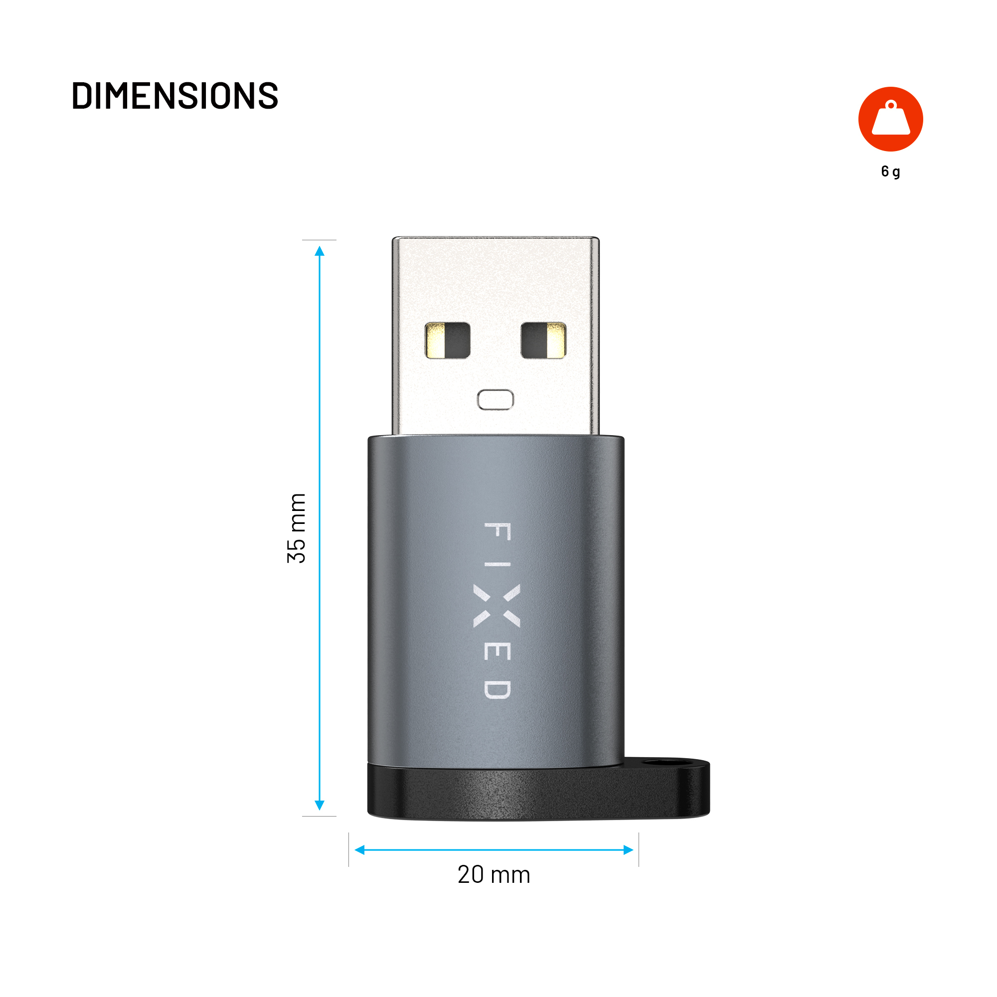 Grauer USB-Anschluss mit Maßangaben von 35 mm mal 20 mm und einem Gewicht von 6 g.