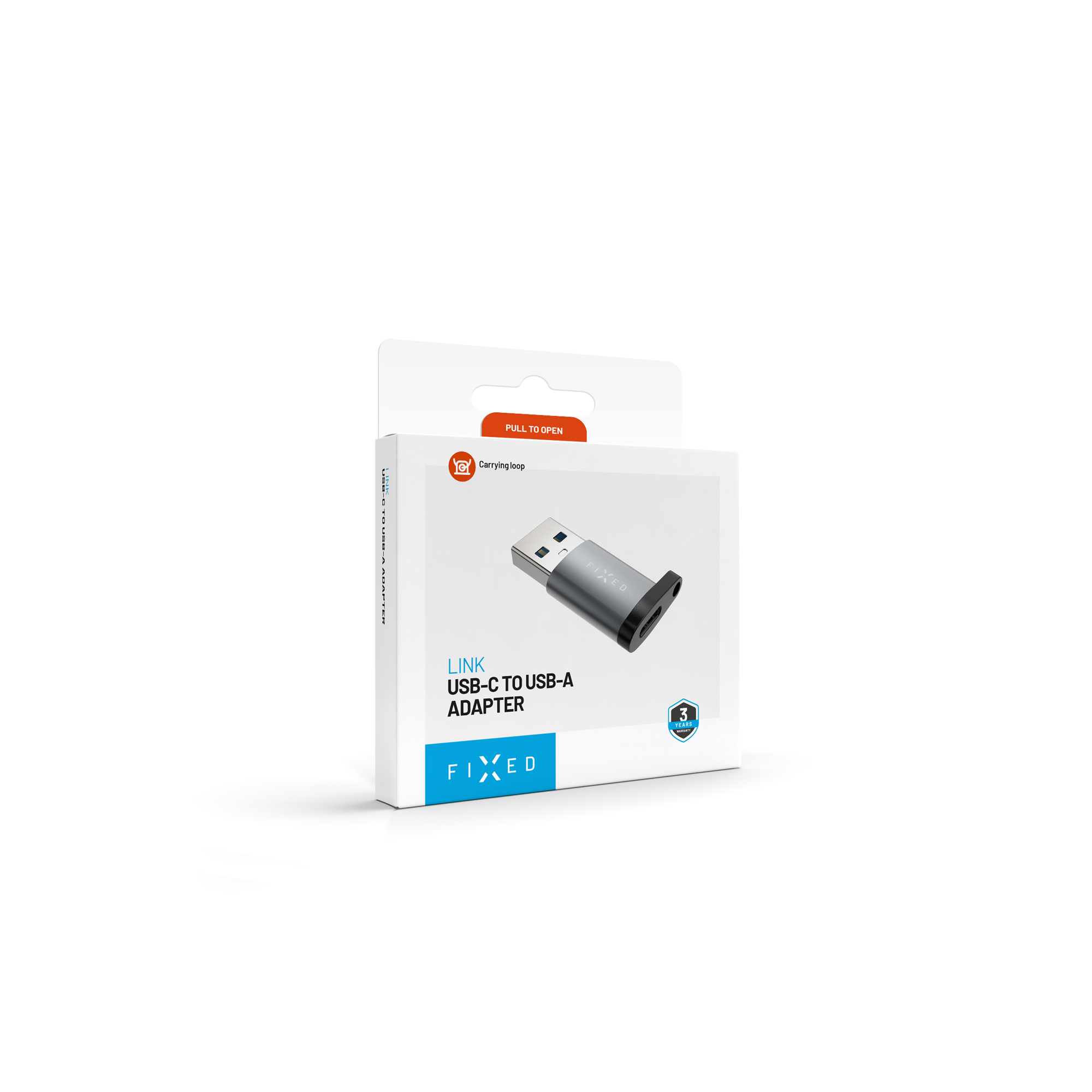 Weisse und blaue Produktverpackung fur FIXED USB-C zu USB-A Adapter mit grauen Adapter vorne.