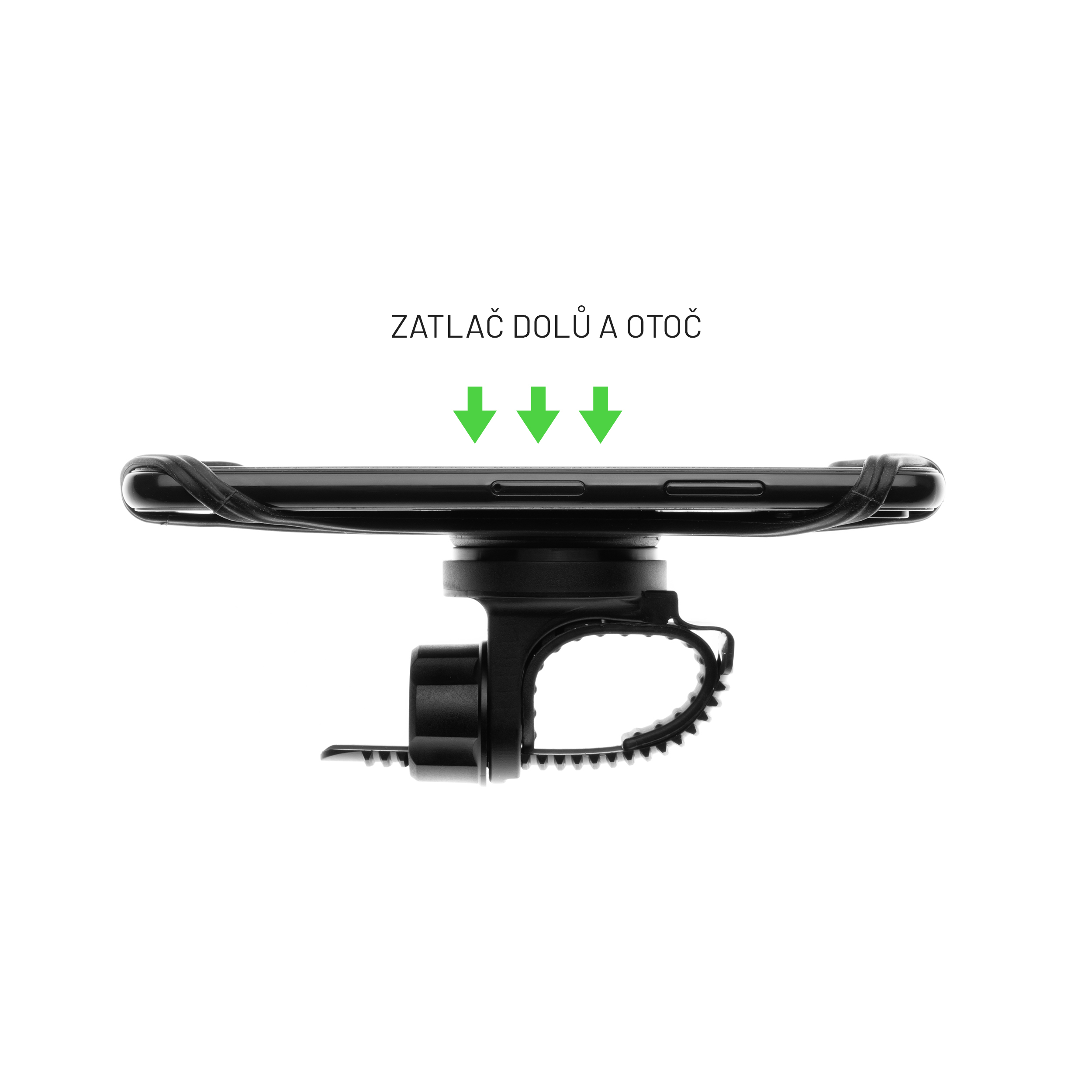 Ein Smartphone in einer schwarzen Fahrradhalterung mit Text und grünen Pfeilen.