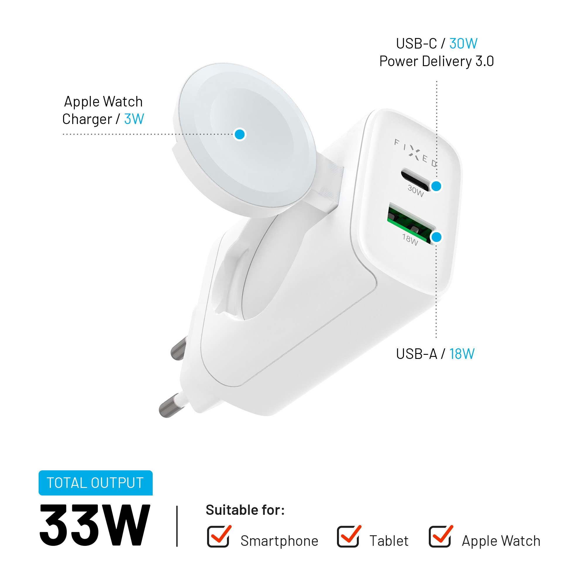 Weißes 33W Ladegerät mit Apple Watch Halterung, USB-C und USB-A Anschlüssen.