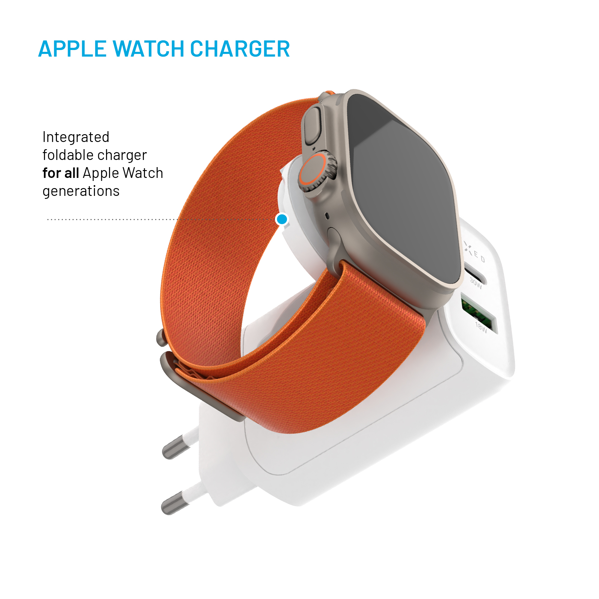 Eine Apple Watch mit orangefarbenem Armband lädt an einem weißen Ladegerät.