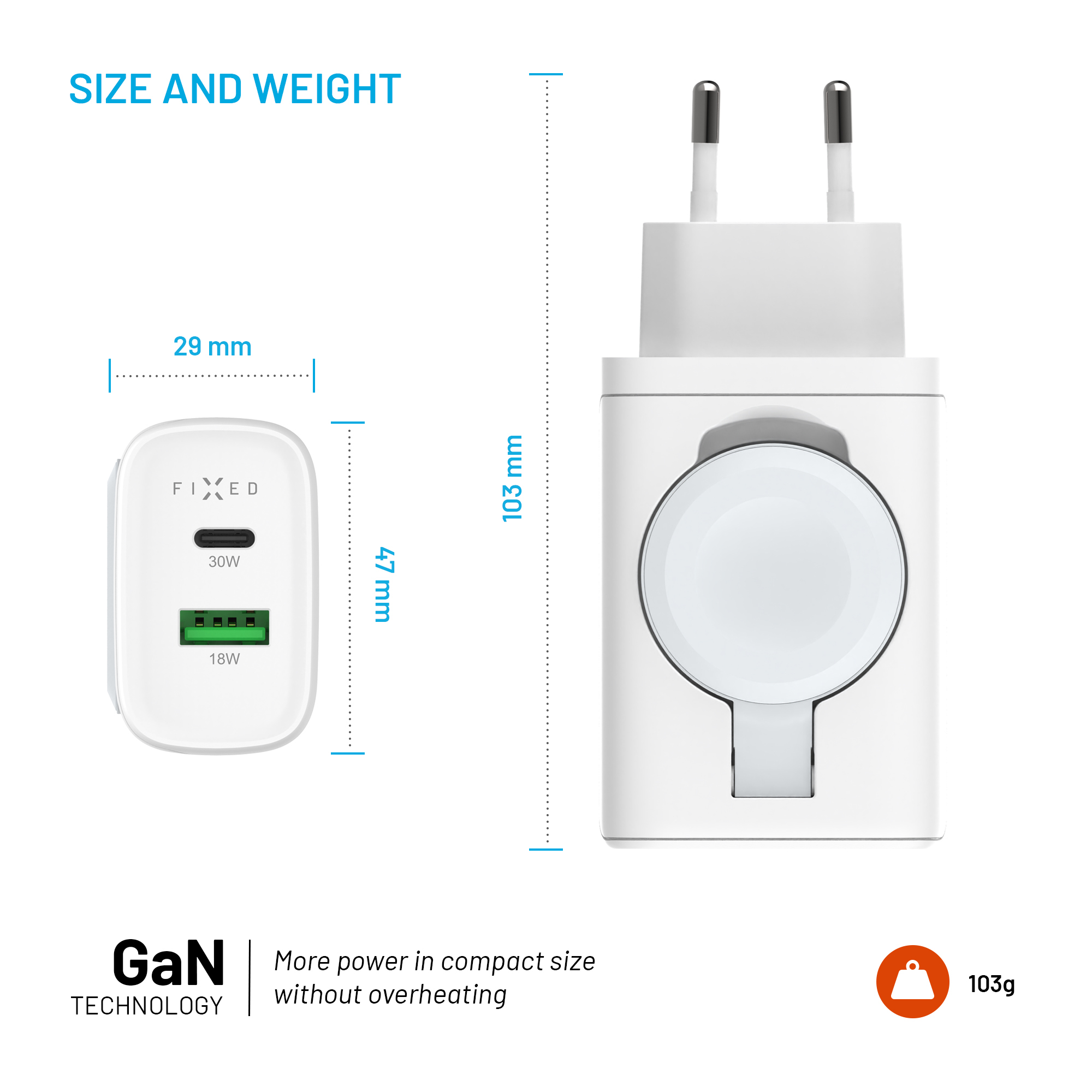 Weißes Kompakt-Ladegerät mit USB-C- und USB-Anschlüssen sowie integrierter Apple Watch-Ladefläche, inklusive Maßangaben.