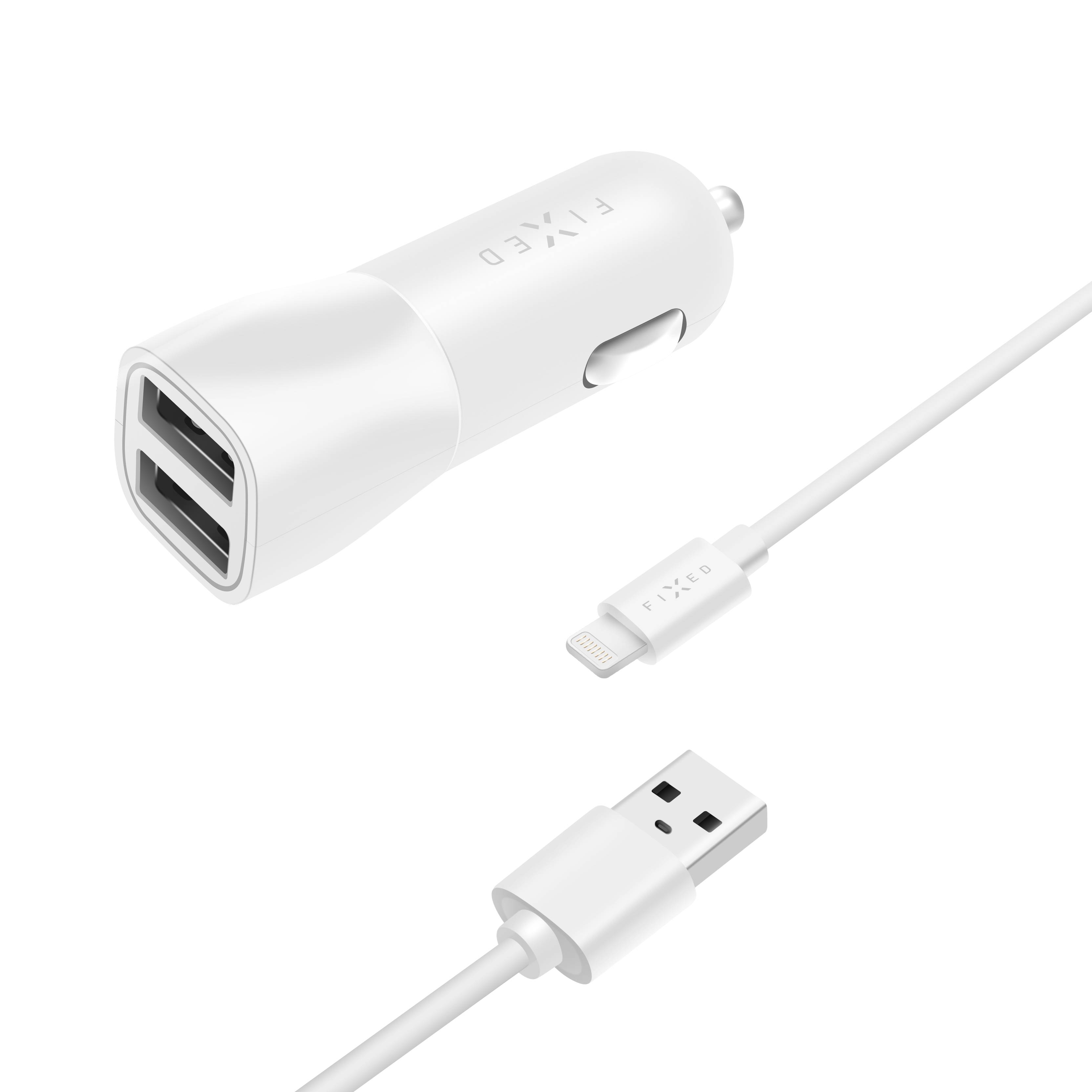 Ein weißes USB-Autoladegerät mit zwei Anschlüssen und ein passendes weißes USB-Kabel.