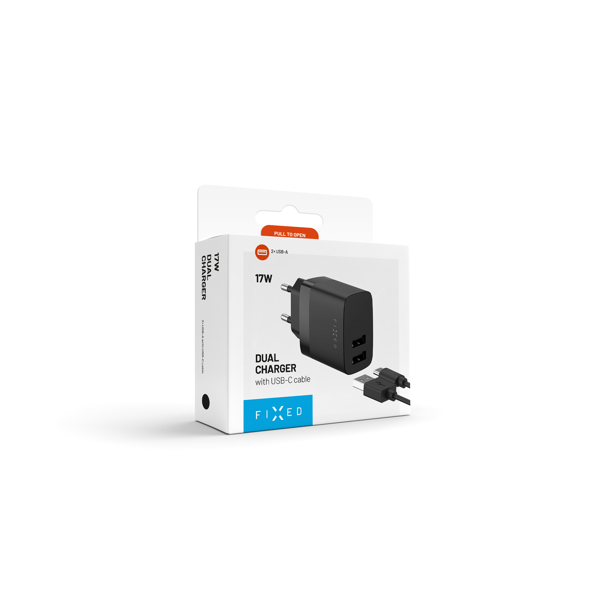 Eine weiße Produktverpackung für ein duales USB-Ladegerät von Fixed, mit schwarzem Adapter und Kabel auf weißem Grund.