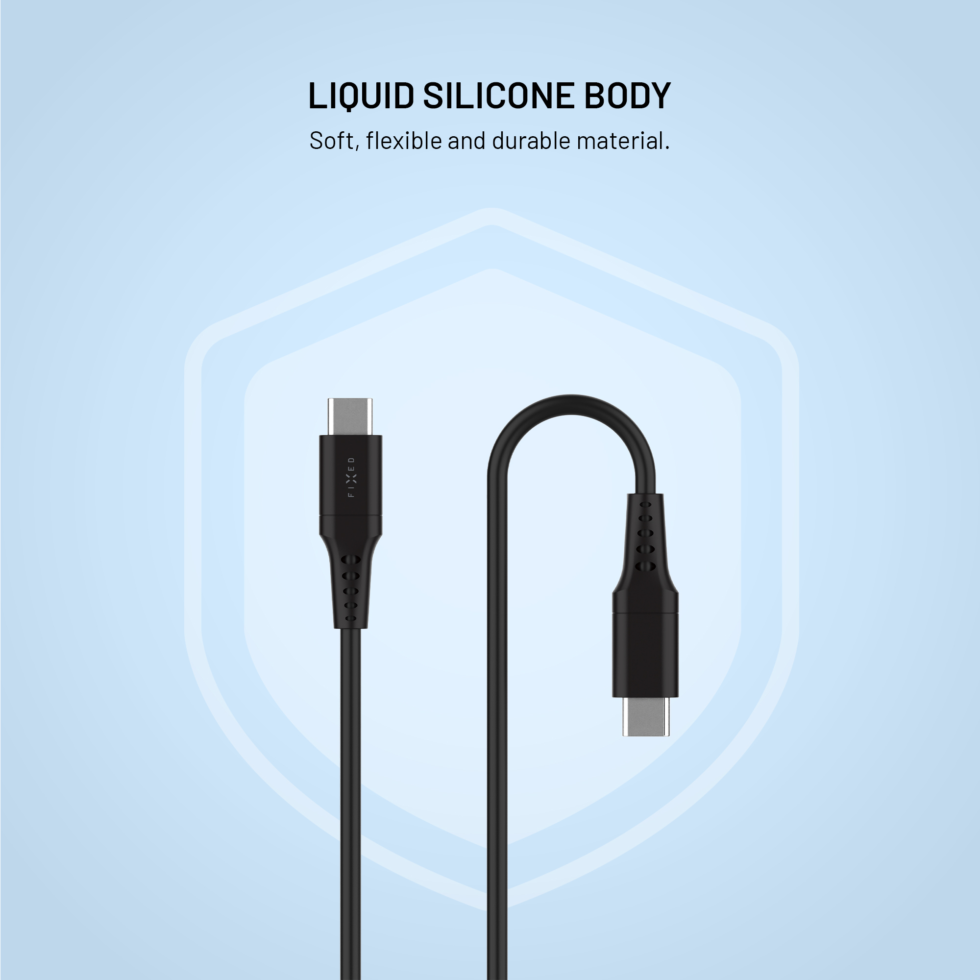 Schwarzes USB-C-Kabel auf hellem Hintergrund mit Text 'LIQUID SILICONE BODY'.