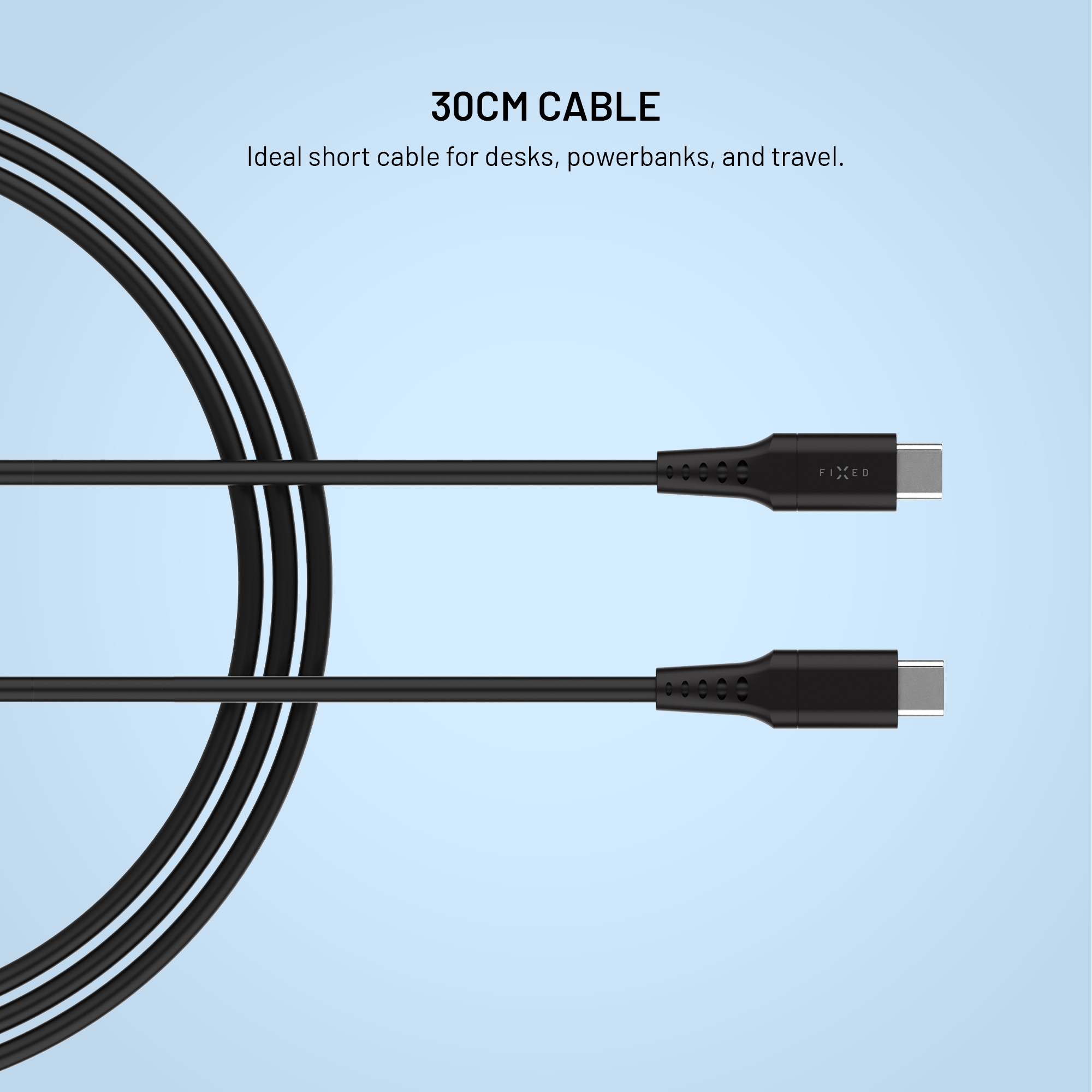 Ein kurzes, schwarzes 30cm USB-Kabel mit Typ-C-Anschlüssen vor hellblauem Hintergrund und Text oben.