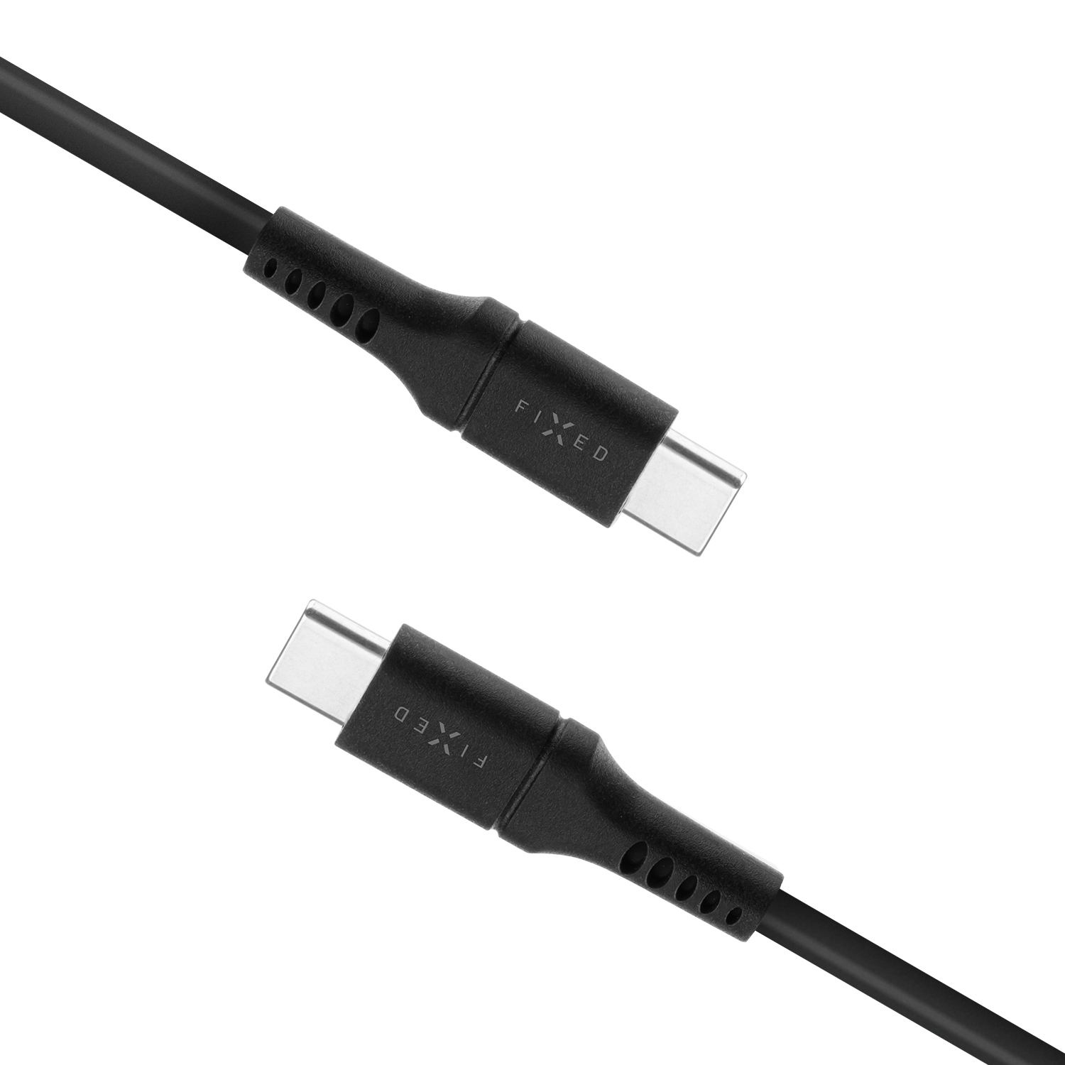 Zwei schwarze USB-C-Kabelenden mit dem Markenlogo FIXED auf weißem Hintergrund.