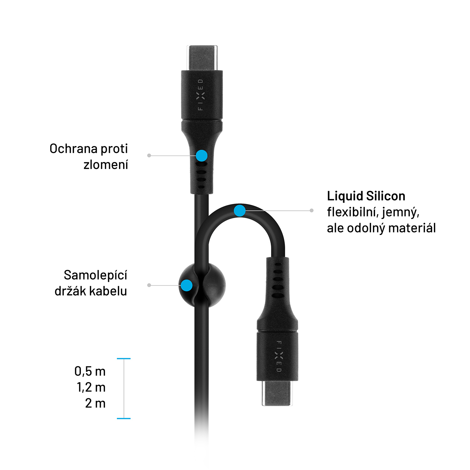 Ein schwarzes USB-C-Kabel mit Silikonmaterial, Knickschutz und Kabelhalter, auf weißem Hintergrund.