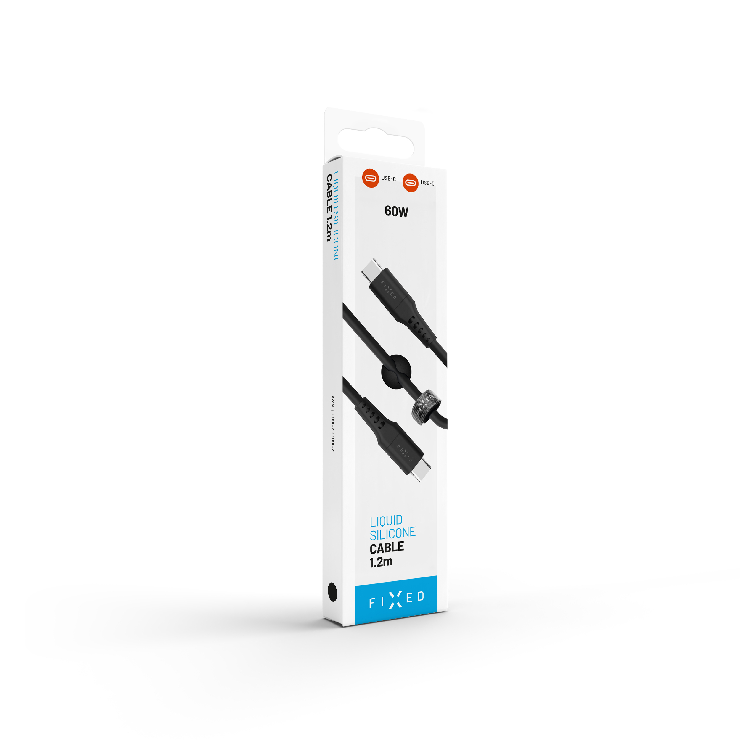 Weiße und blaue Produktverpackung für ein 1,2 m langes 60W USB-C-auf-USB-C-Kabel aus flüssigem Silikon.