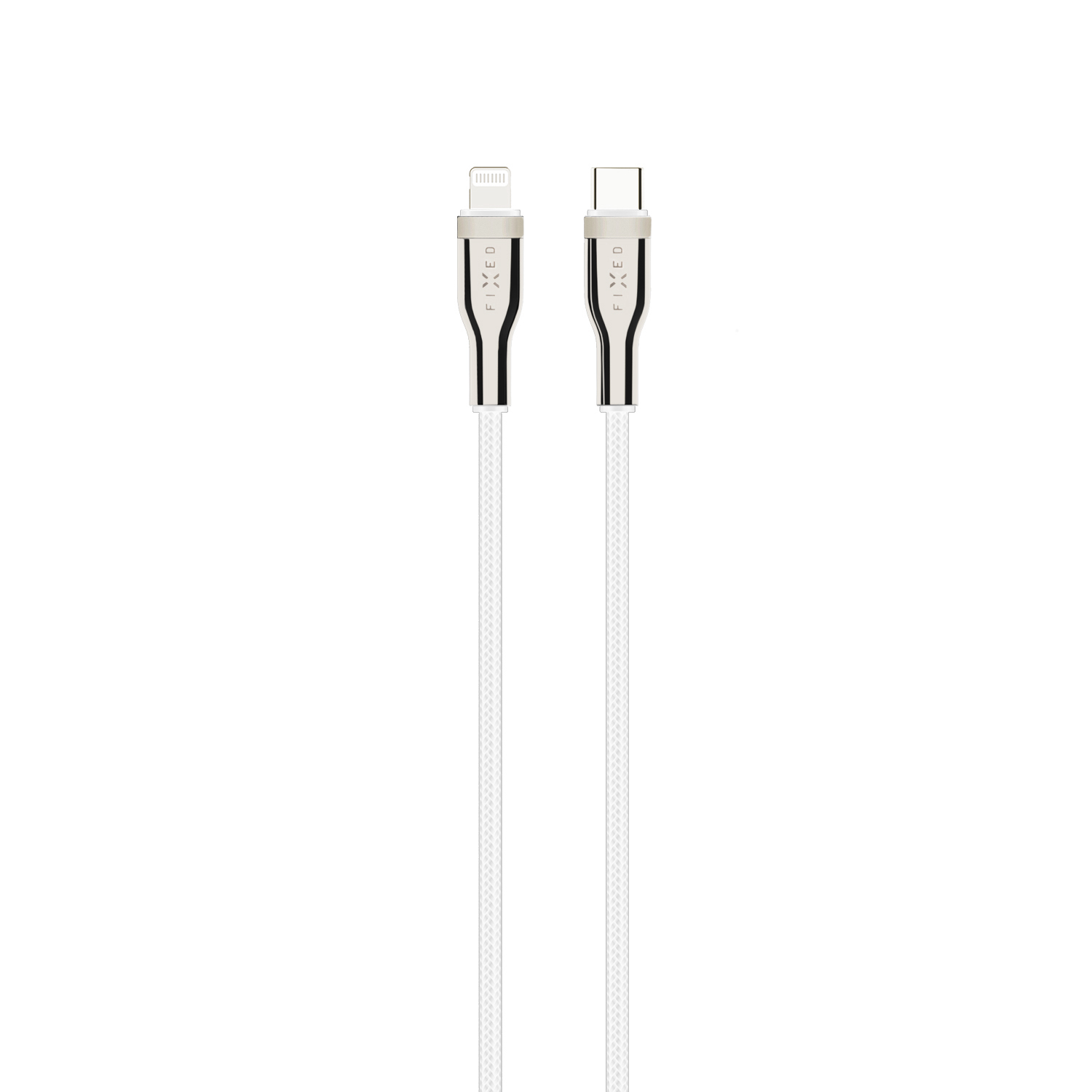 Zwei weiße geflochtene Ladekabel mit Metallsteckern, links ein Lightning- und rechts ein USB-C-Stecker.