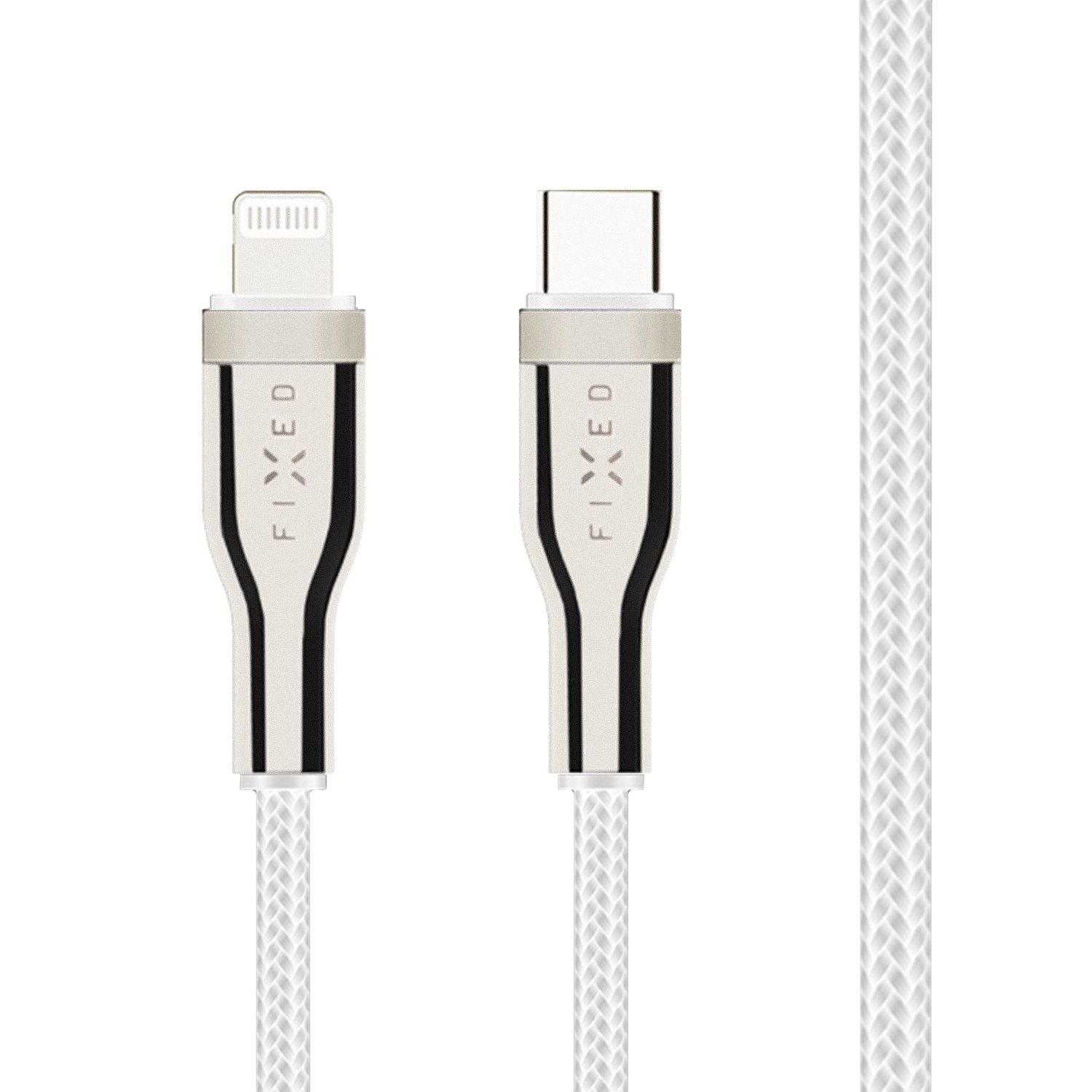 Ein weißes, geflochtenes Ladekabel mit USB-C- und Lightning-Anschlüssen, auf weißem Hintergrund.