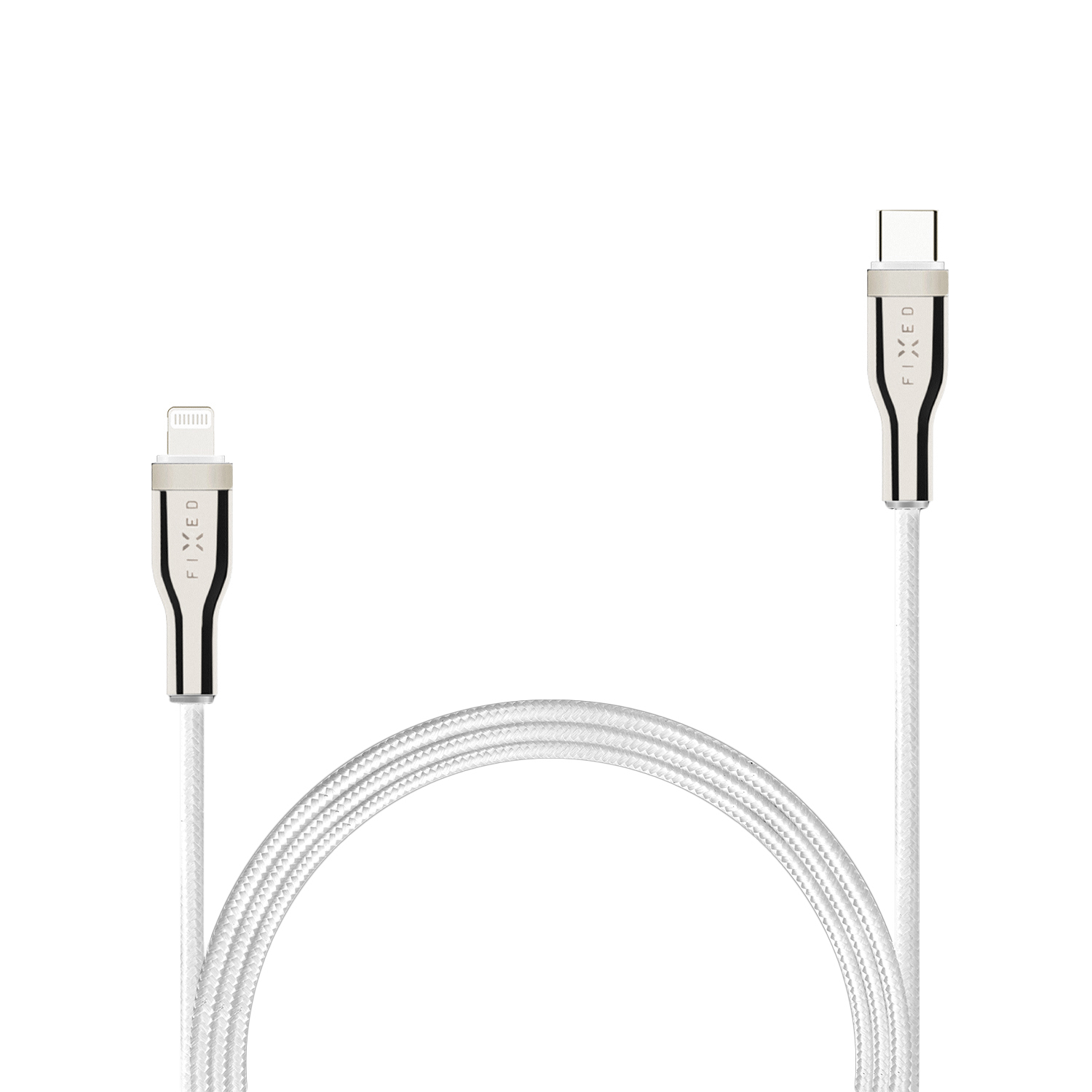 Ein weißes geflochtenes USB-C-auf-Lightning-Kabel vor schlichtem weißem Hintergrund.