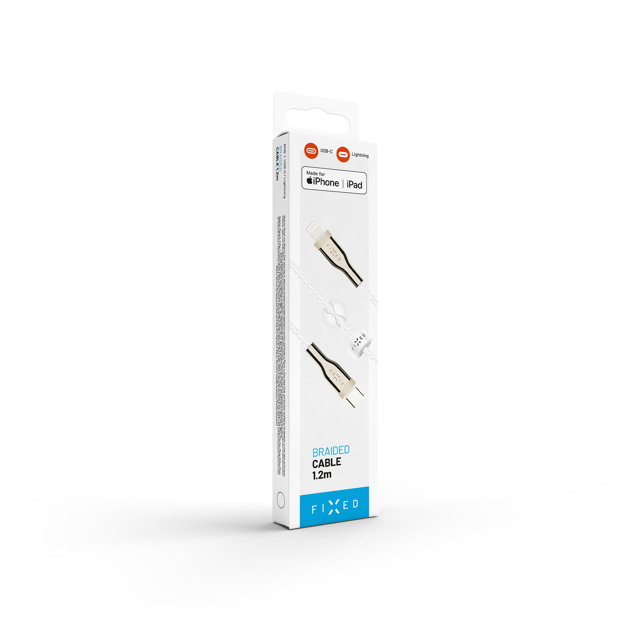 Eine weiße Produktverpackung für ein 1,2 m langes USB-C-auf-Lightning-Kabel der Marke Fixed.