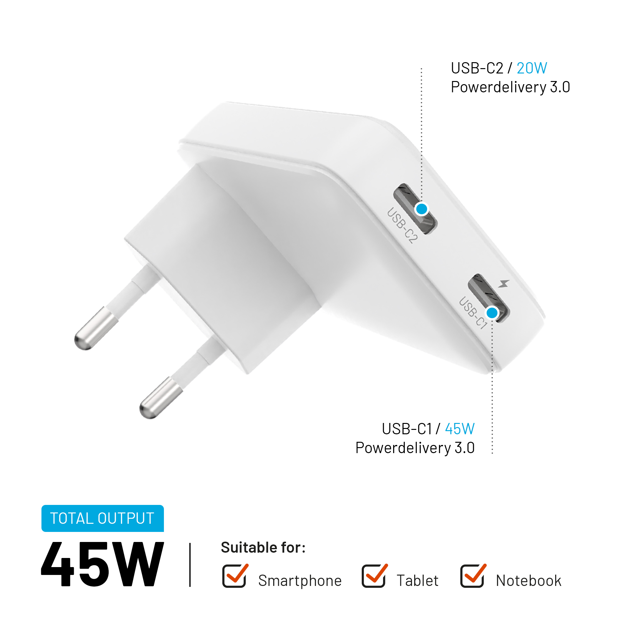 Weißer 45W USB-Netzadapter mit zwei Anschlüssen und Smartphone-, Tablet- und Notebook-Kompatibilität.