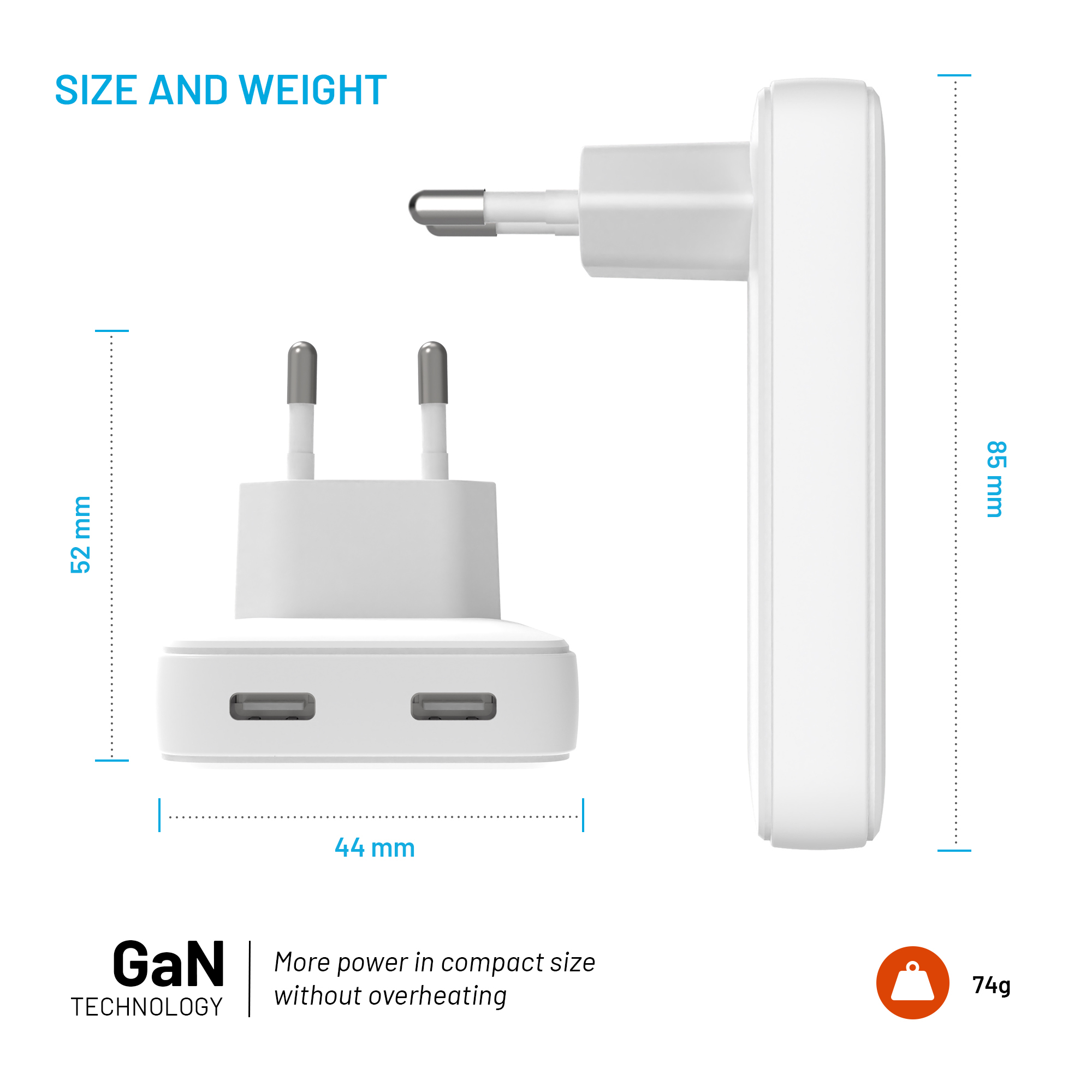 Weißes Dual-USB-C-Ladegerät, 85x44x52mm, 74g, zeigt Vorder- und Seitenansicht mit GaN-Technologie.