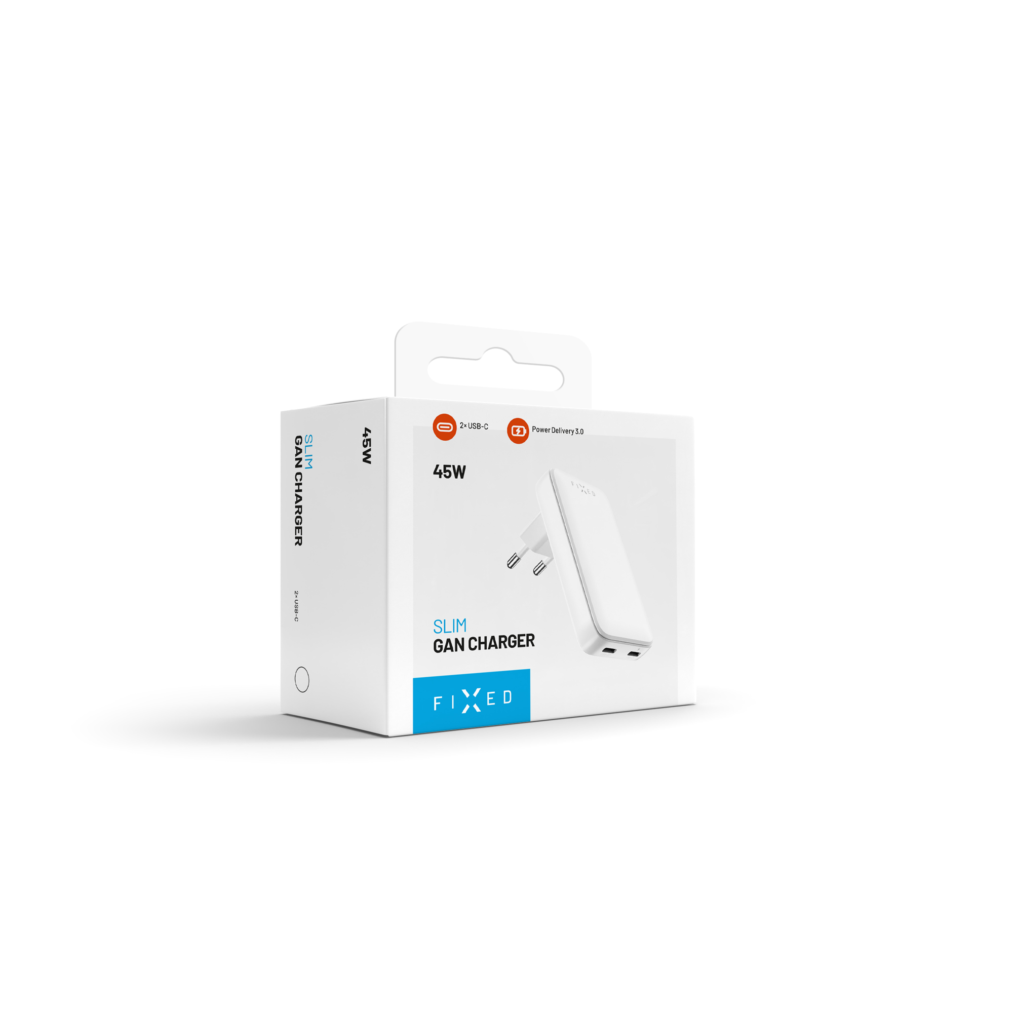Eine weiße Verpackung für ein schlankes GaN-Ladegerät mit 45W und zwei USB-C-Anschlüssen vor weißem Hintergrund.