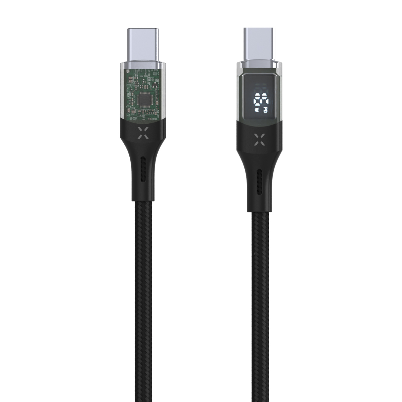 Zwei schwarze USB-C-Kabel mit durchsichtigen Gehäusen; eines zeigt eine Platine, das andere ein Display.