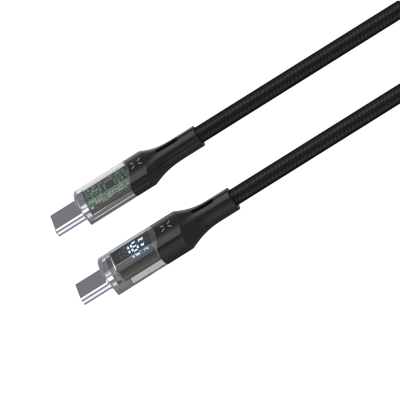 Zwei schwarze USB-C-Kabel mit transparentem Gehäuse am Stecker, eines zeigt eine grüne Platine, das andere ein Display.
