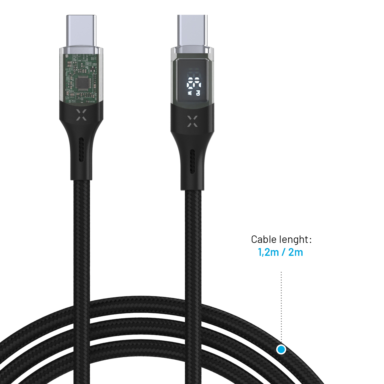Zwei schwarze USB-C-Kabel mit transparentem Gehäuse und LED-Anzeige. Erhältlich in 1,2m und 2m.