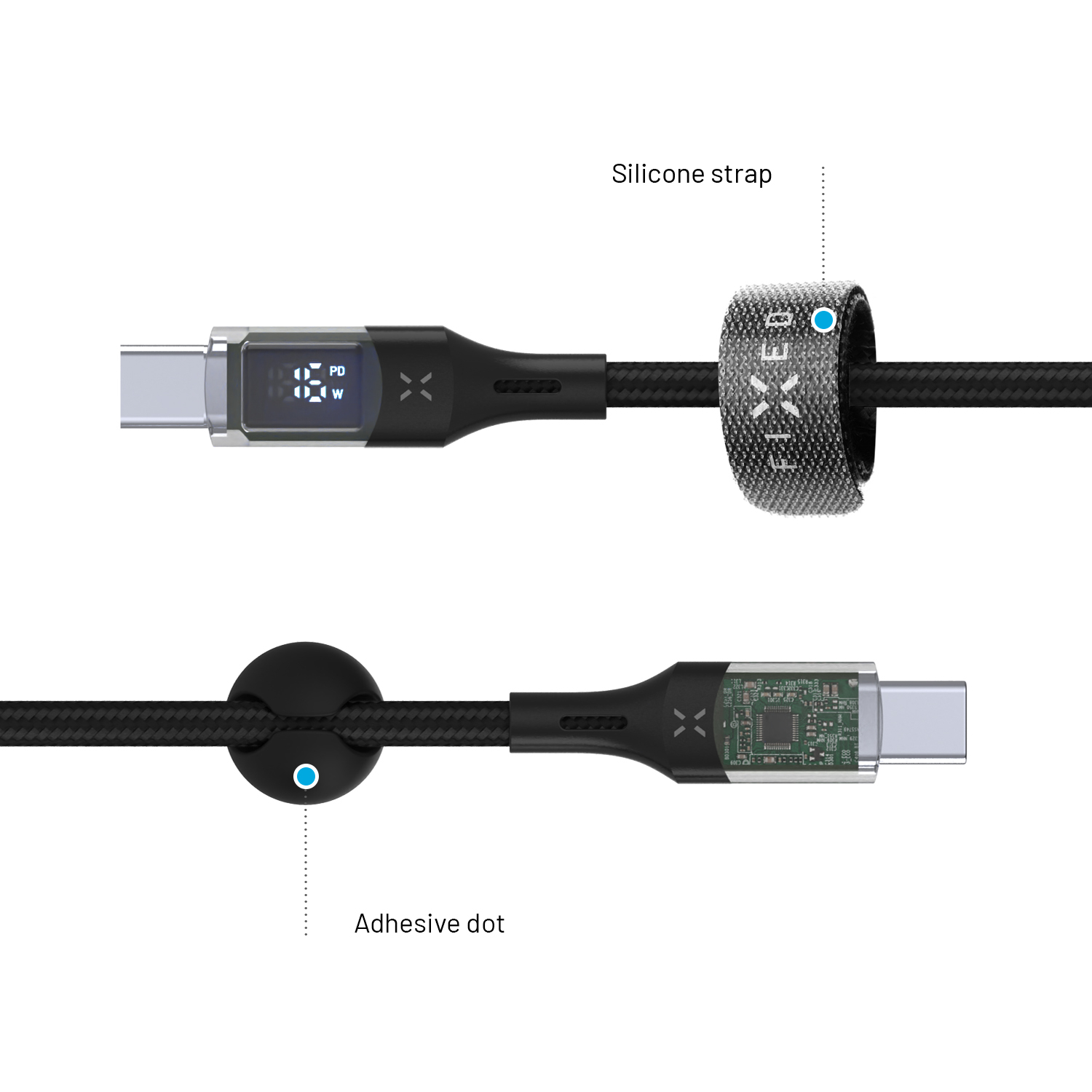 Nahaufnahme eines schwarzen USB-C-Kabels mit Digitaldisplay, Silikonband und Klebepunkt auf weißem Hintergrund.