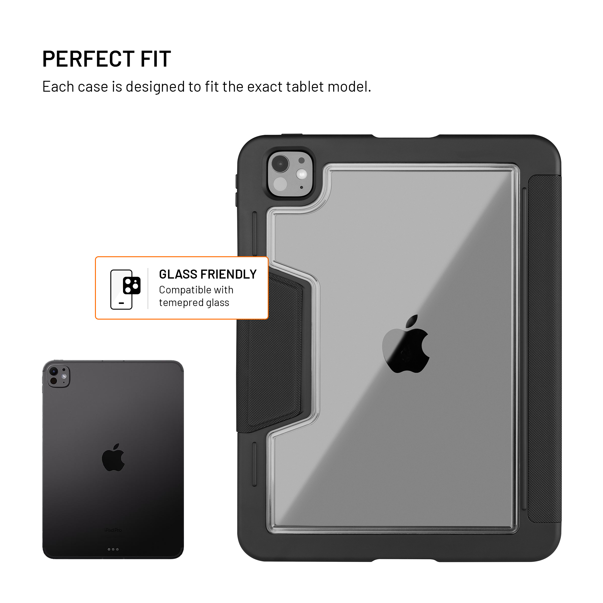 Ein iPad in einer schwarzen Schutzhülle mit Text "PERFECT FIT" und "GLASS FRIENDLY".