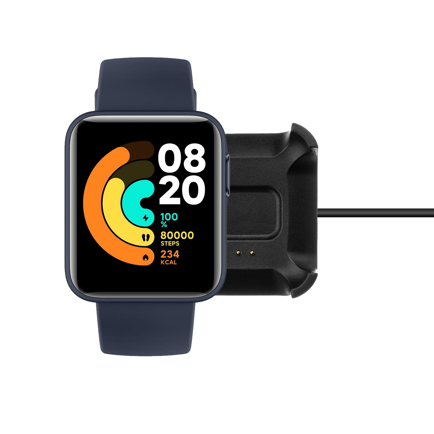 Dunkelblaue Smartwatch mit Aktivitätsanzeige auf dem Display und Ladeschale rechts auf weißem Hintergrund.