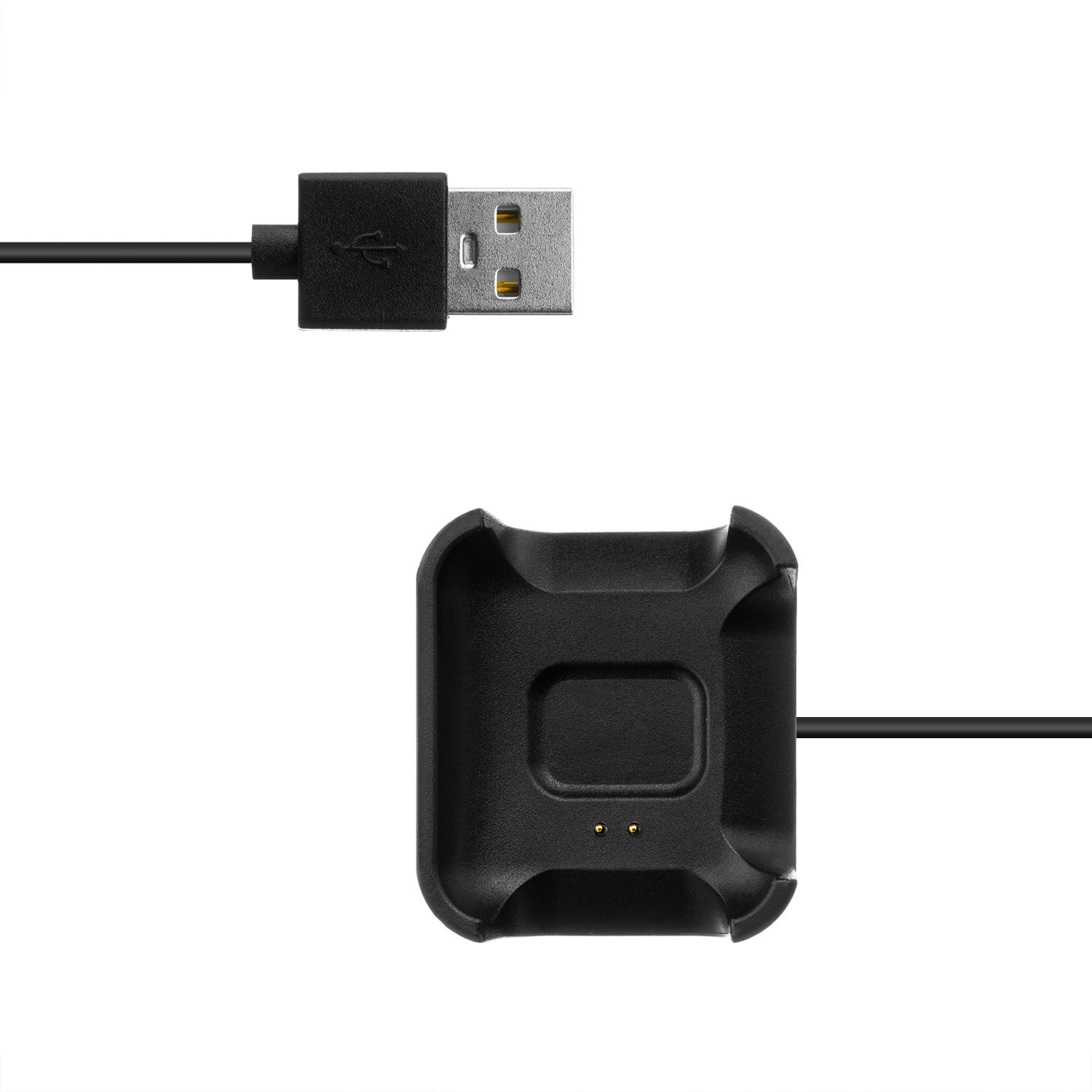Ein schwarzes USB-Kabel mit Metallstecker oben und eine schwarze quadratische Smartwatch-Ladestation unten auf weißem Grund.