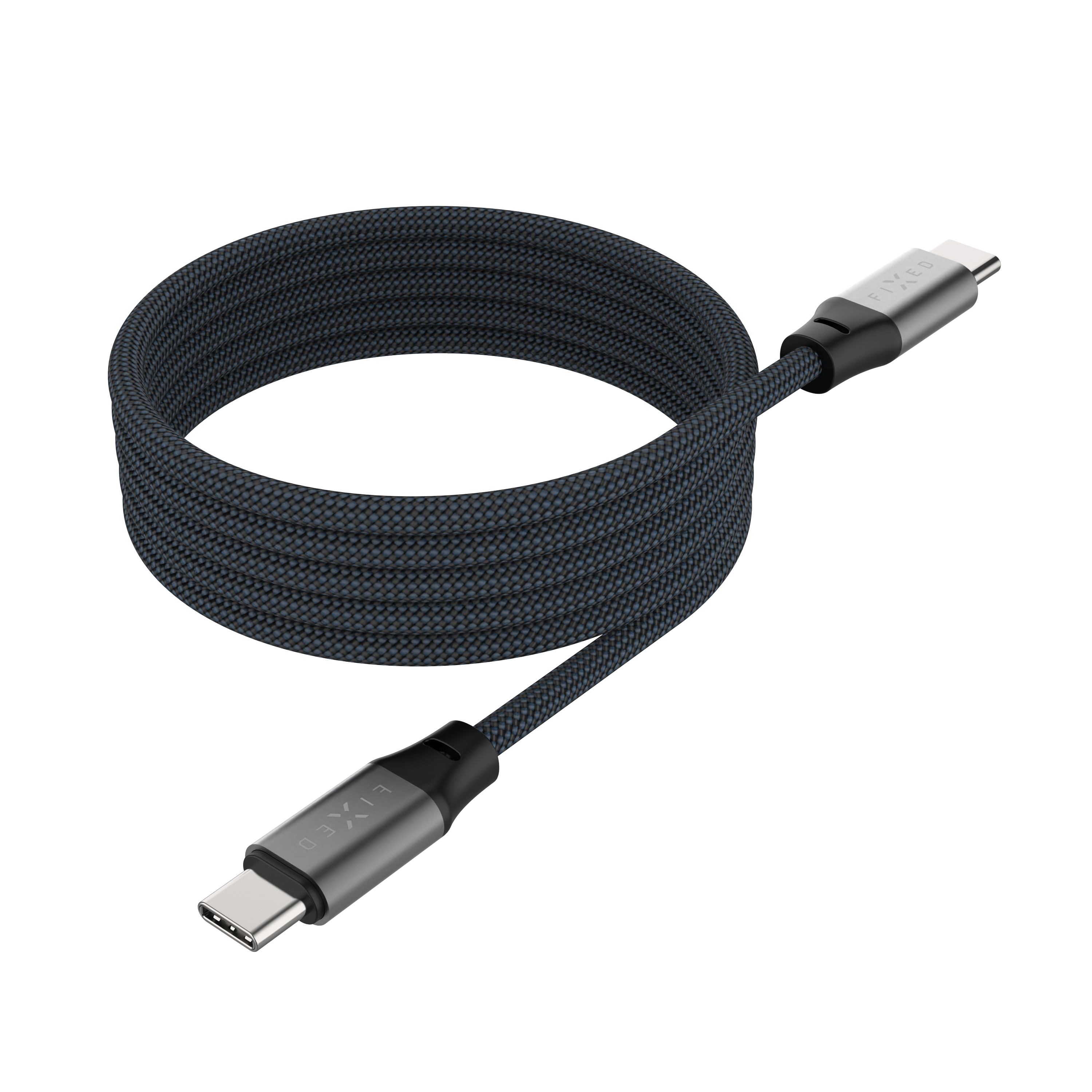 Ein aufgerolltes, schwarz geflochtenes USB-C-Kabel mit metallisch grauen und schwarzen Steckern auf weißem Grund.