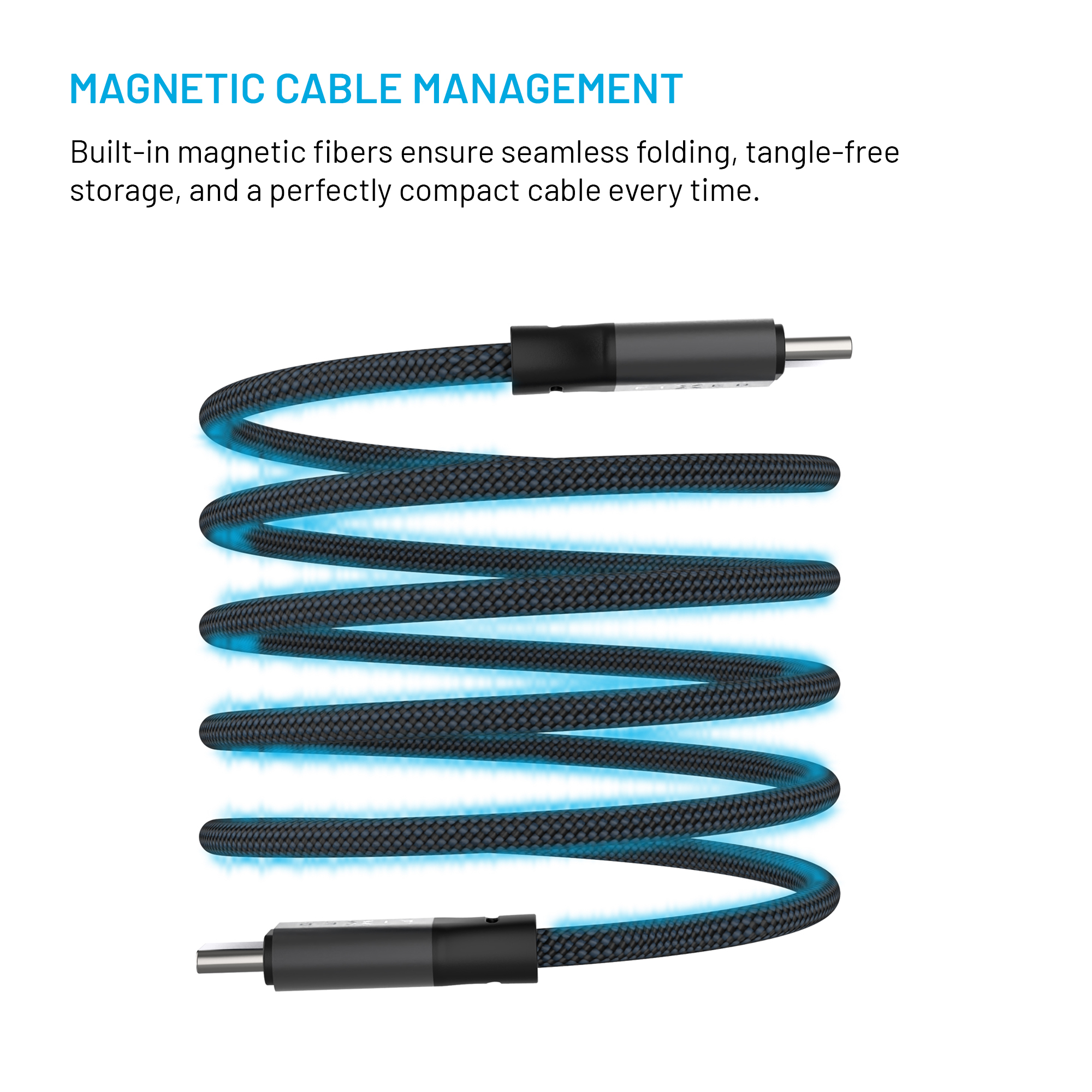 Ein schwarz-blau geflochtenes Magnetkabel rollt sich ordentlich zusammen.
