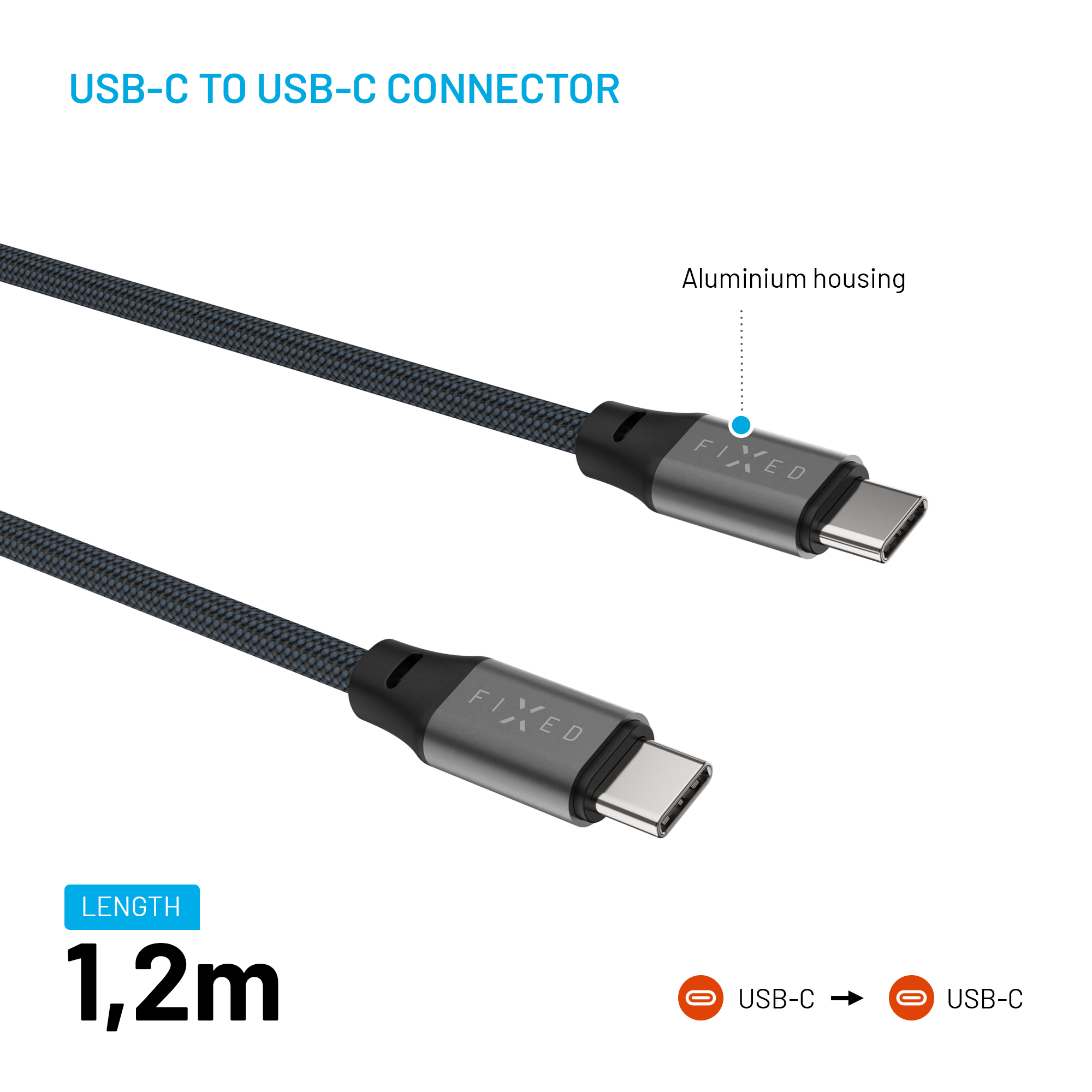 Ein 1,2 m langes USB-C-zu-USB-C-Kabel mit Alugehäuse und der Aufschrift 'FIXED'.