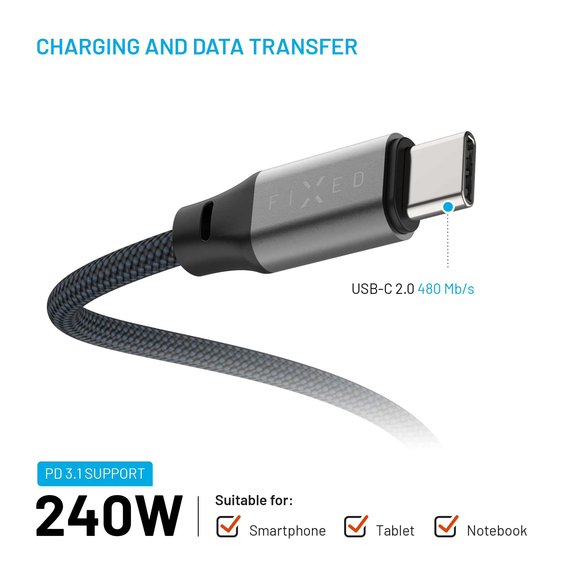 Graues USB-C Kabel mit 240W Leistung, 480 Mb/s Datentransfer und Icons für Smartphone, Tablet und Notebook.
