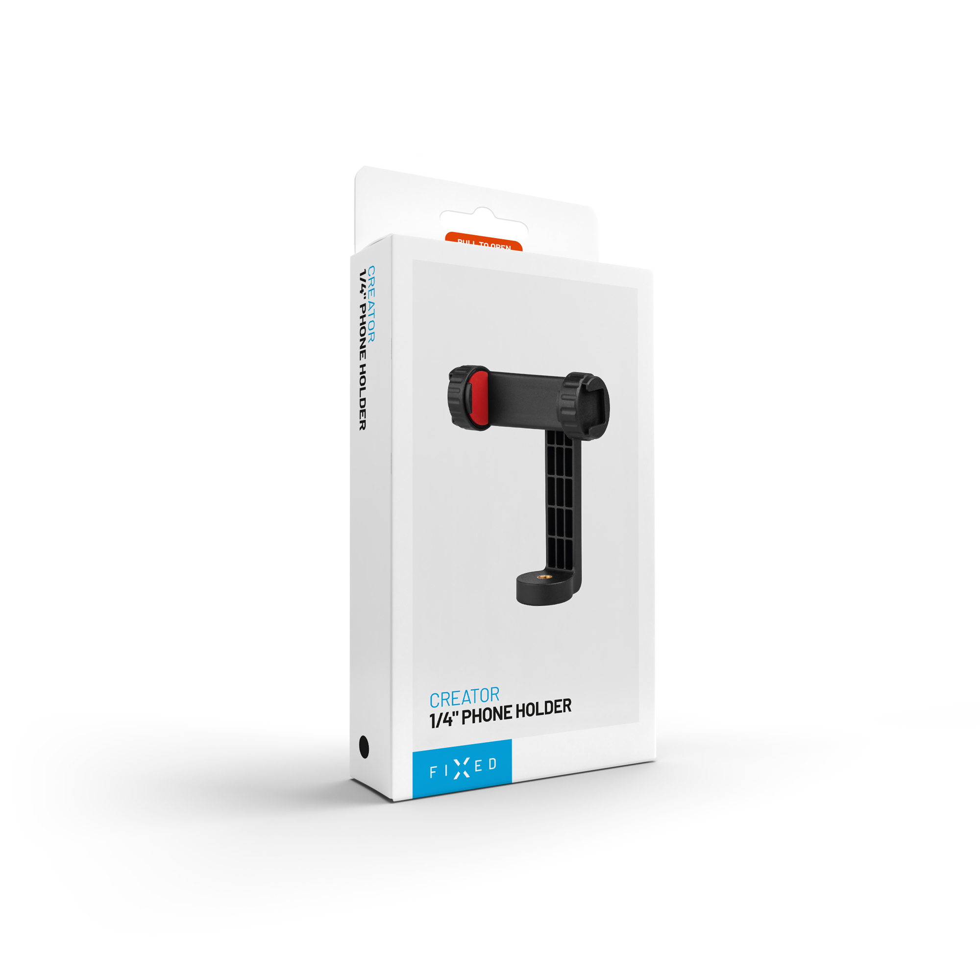 Eine weiße Verpackung für den Fixed Creator 1/4" Phone Holder mit Produktbild vor weißem Hintergrund.