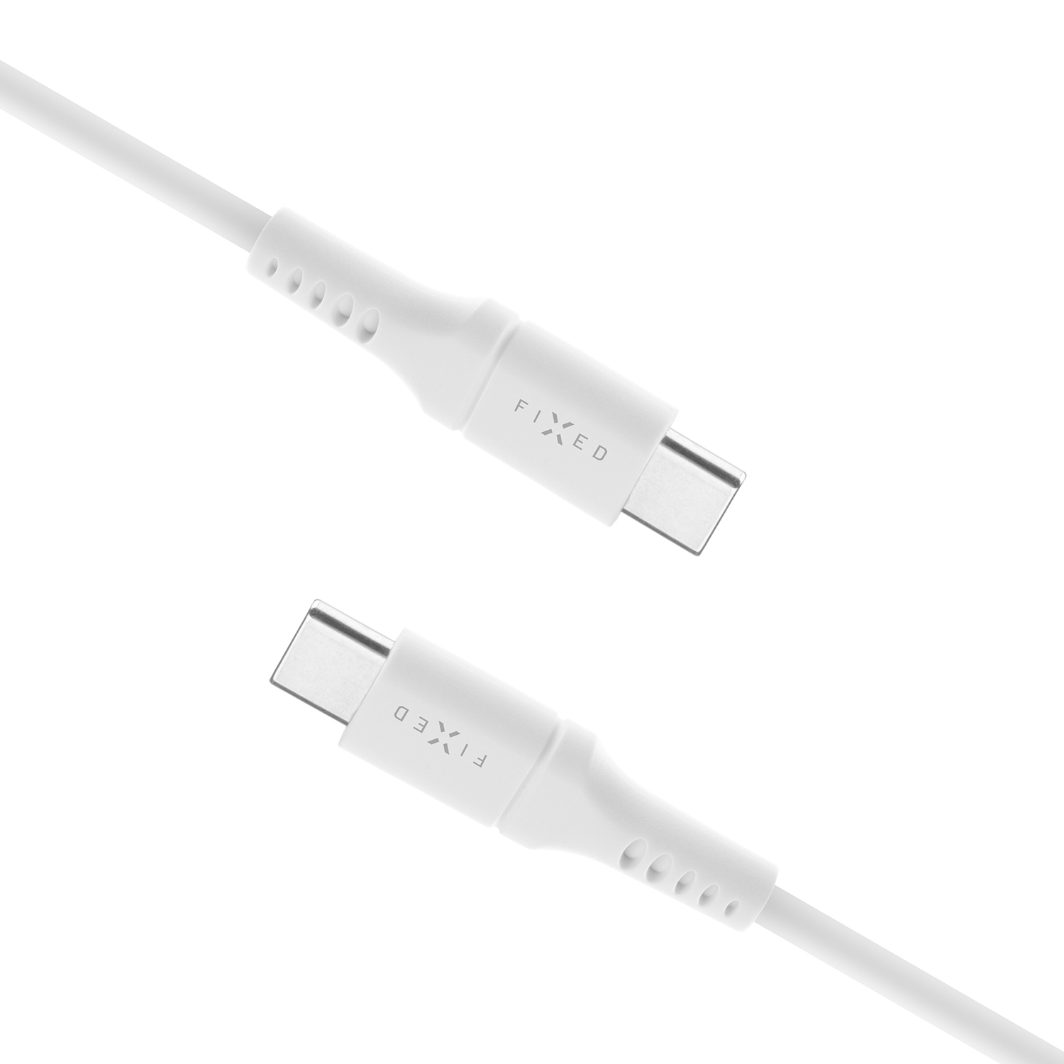 Zwei weiße USB-C-Kabelenden mit dem Markenlogo auf einem weißen Hintergrund.