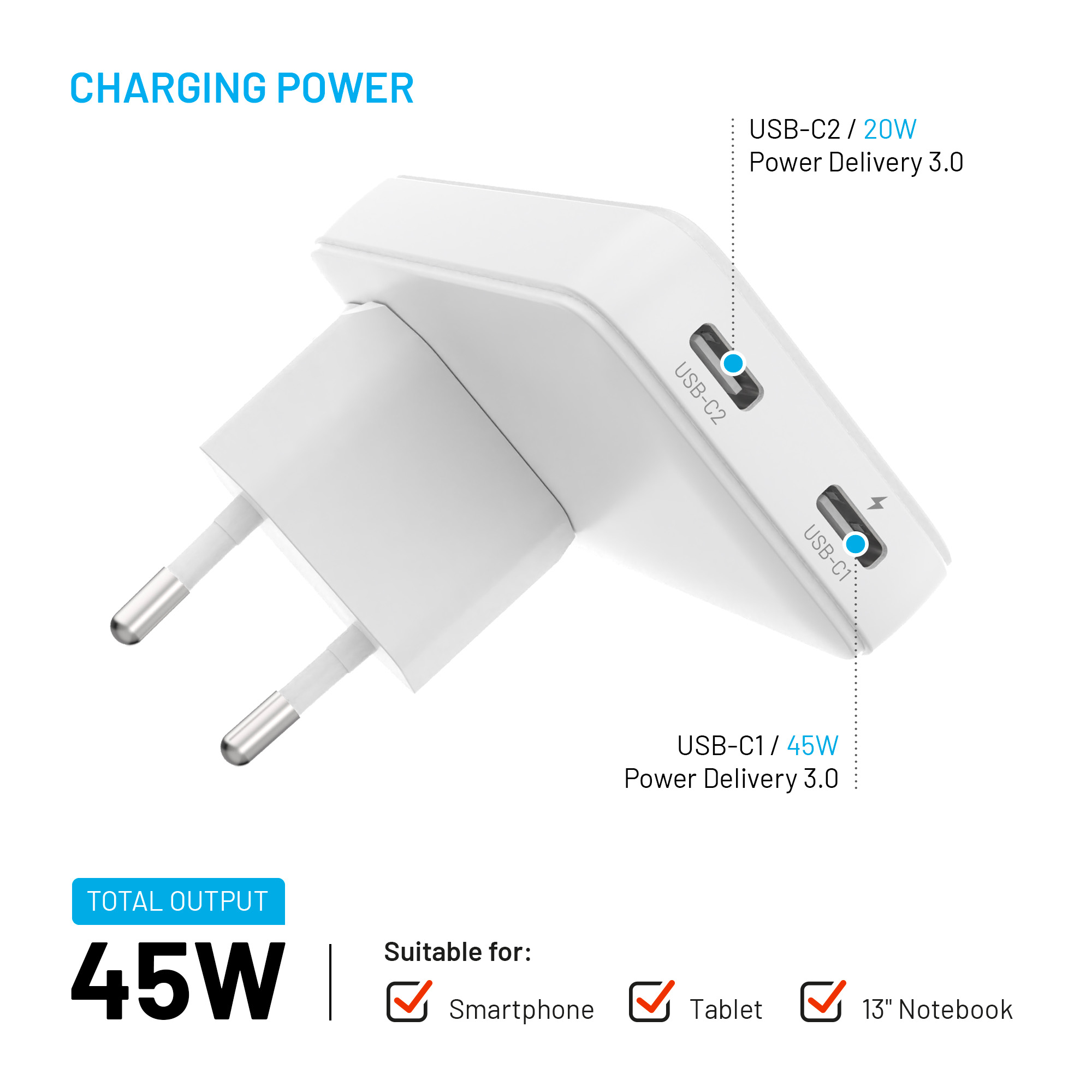 Weißes USB-Ladegerät mit zwei Ports und 45W Gesamtleistung für Smartphones, Tablets und Notebooks.