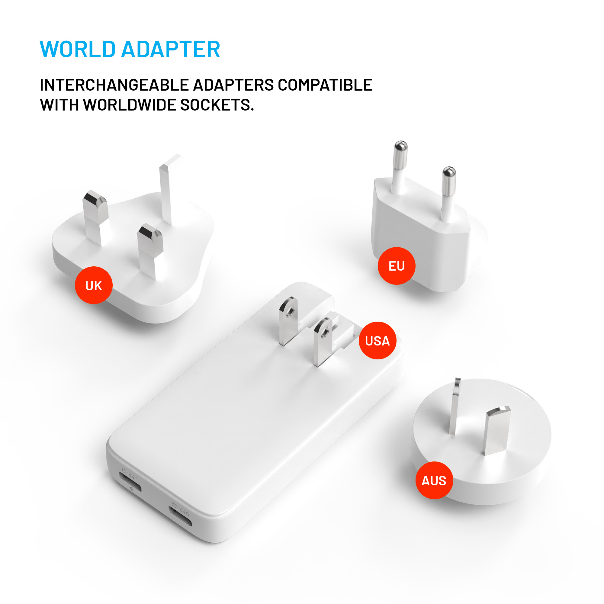 Weltadapter mit austauschbaren Steckern für UK, EU, USA und AUS auf weißem Hintergrund.