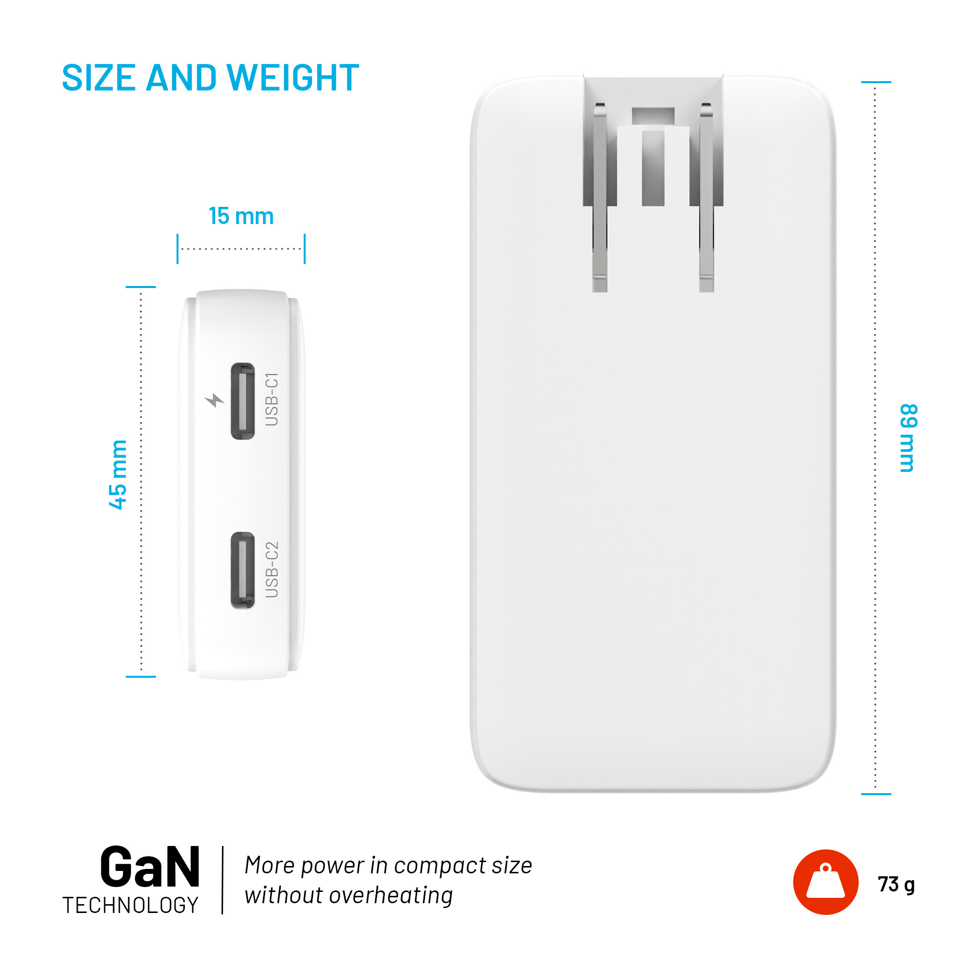 Maßdiagramm eines weißen Dual-USB-C-Ladegeräts mit 89 mm Höhe, 45 mm Breite, 15 mm Tiefe und 73 g Gewicht.