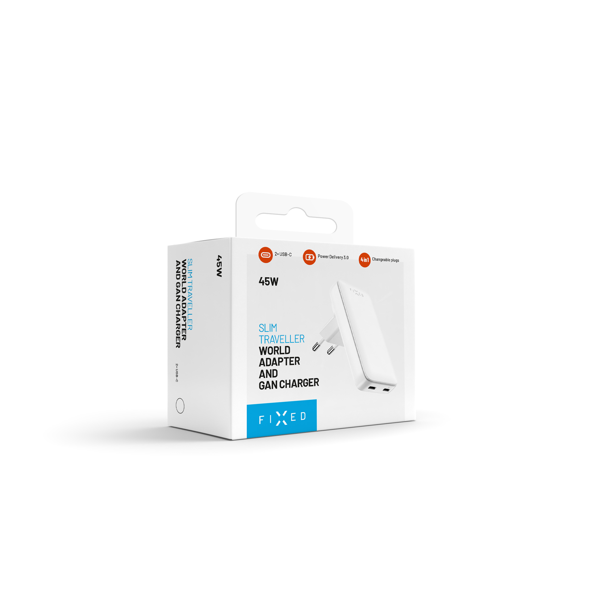 Weiße Produktverpackung für den Slim Traveller World Adapter und GaN Charger mit blauen und orangen Akzenten.