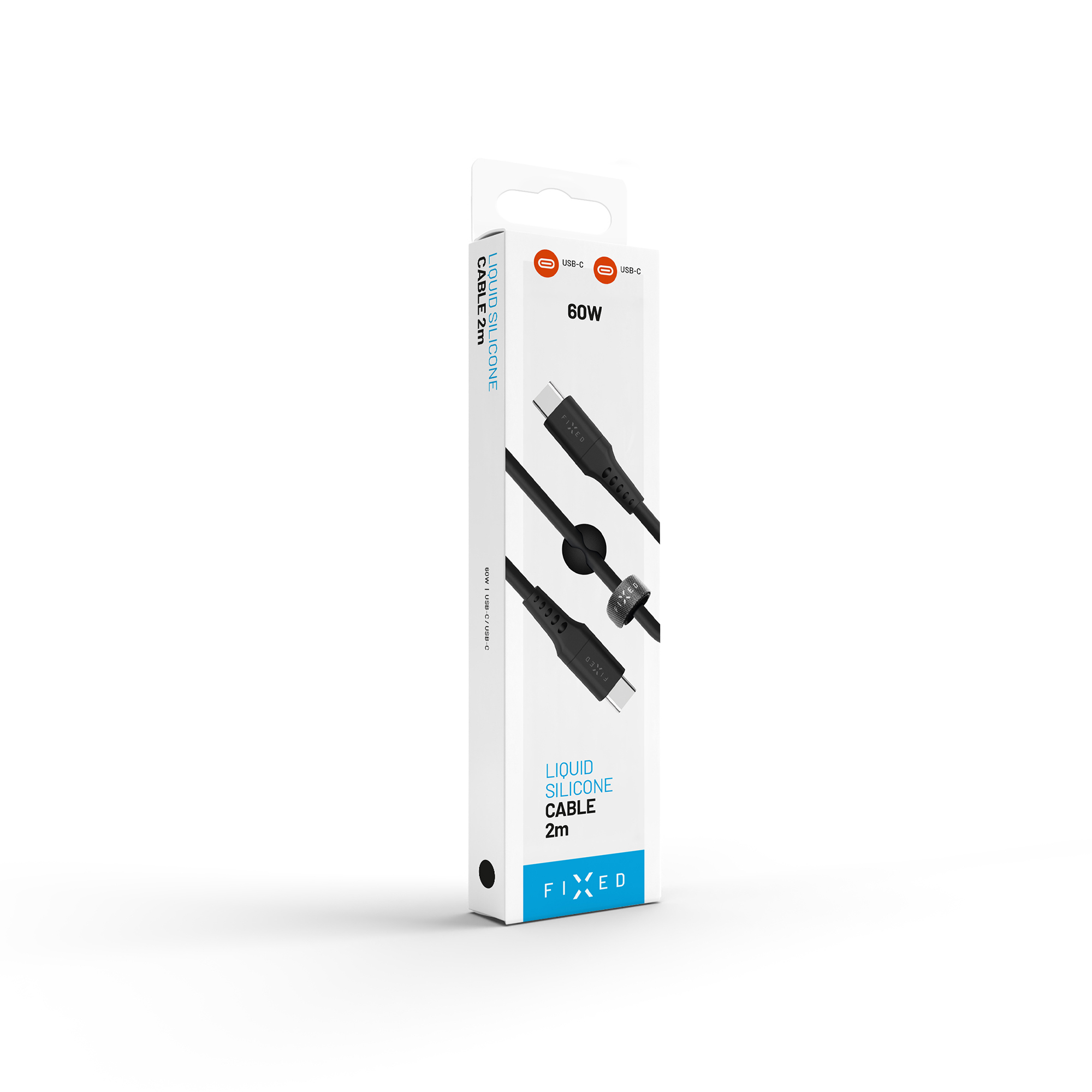 Eine weiße Produktverpackung für ein schwarzes Liquid Silicone USB-C zu USB-C Kabel auf weißem Hintergrund.